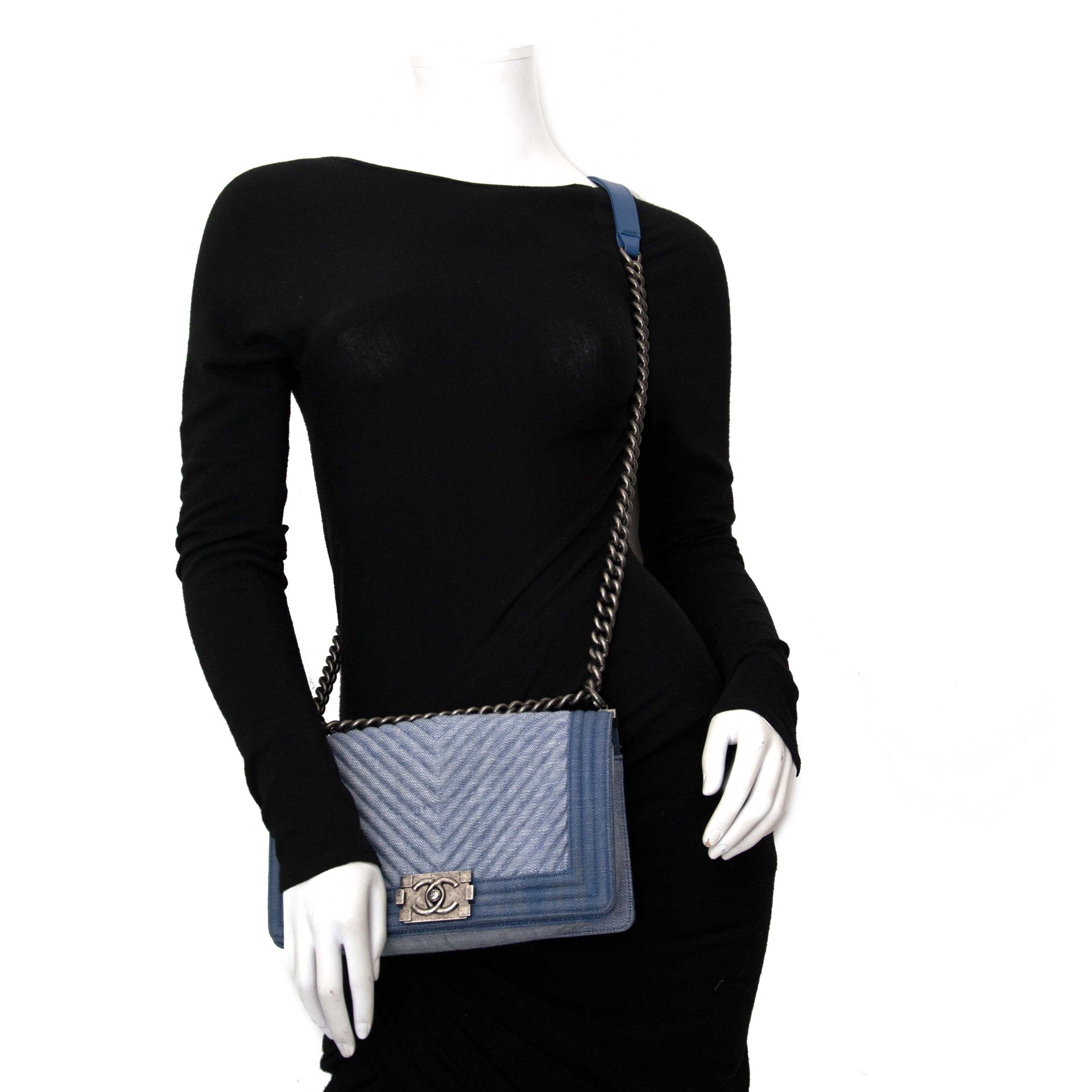 shop safe online 100% authentic Chanel Medium Denim Chevron Boy Bag