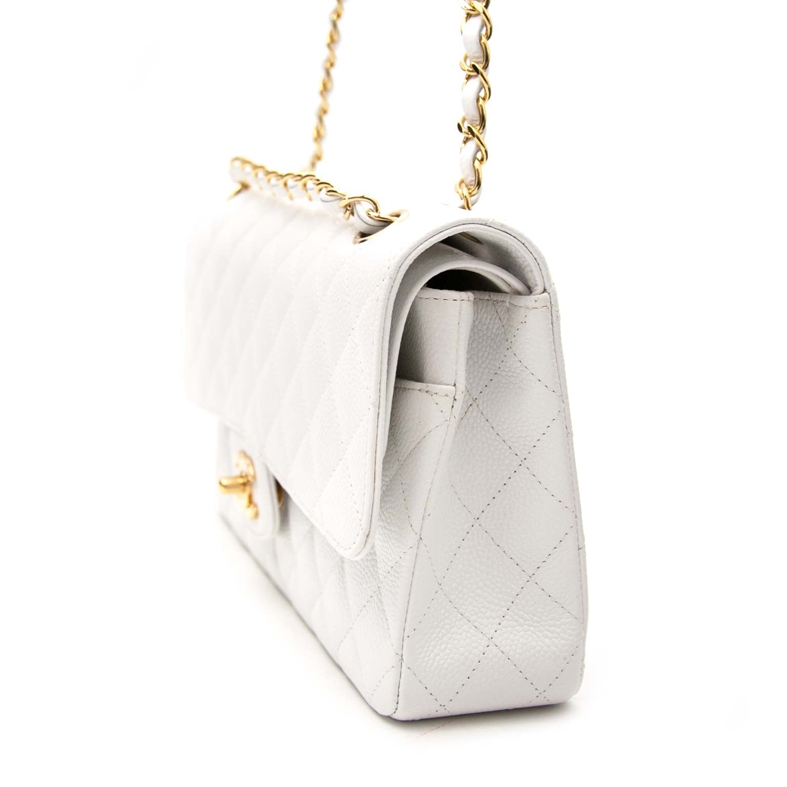 koop online aan de beste prijs Chanel White Caviar Leather Double Flap Bag
