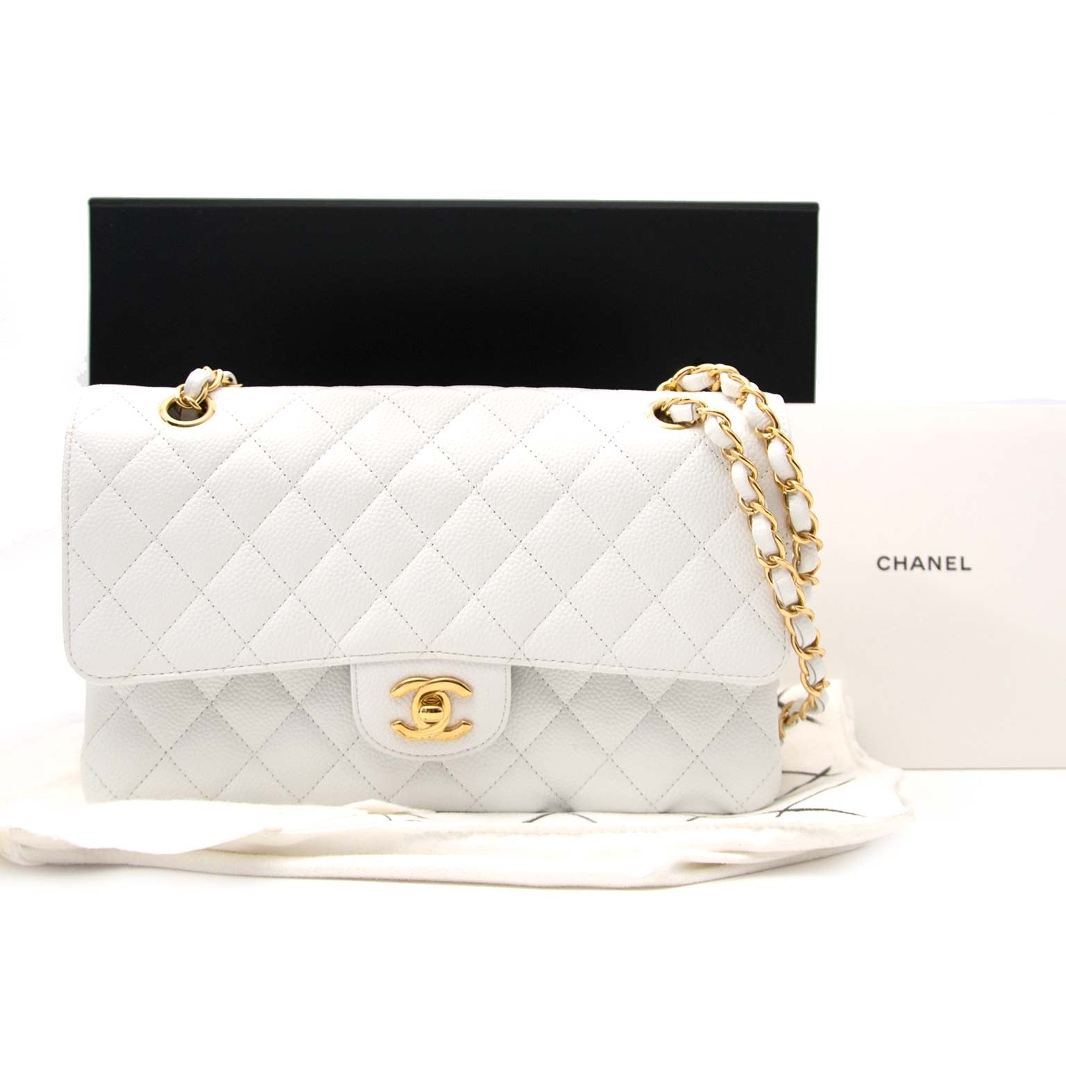 acheter en ligne seconde main Chanel White Caviar Leather Double Flap Bag