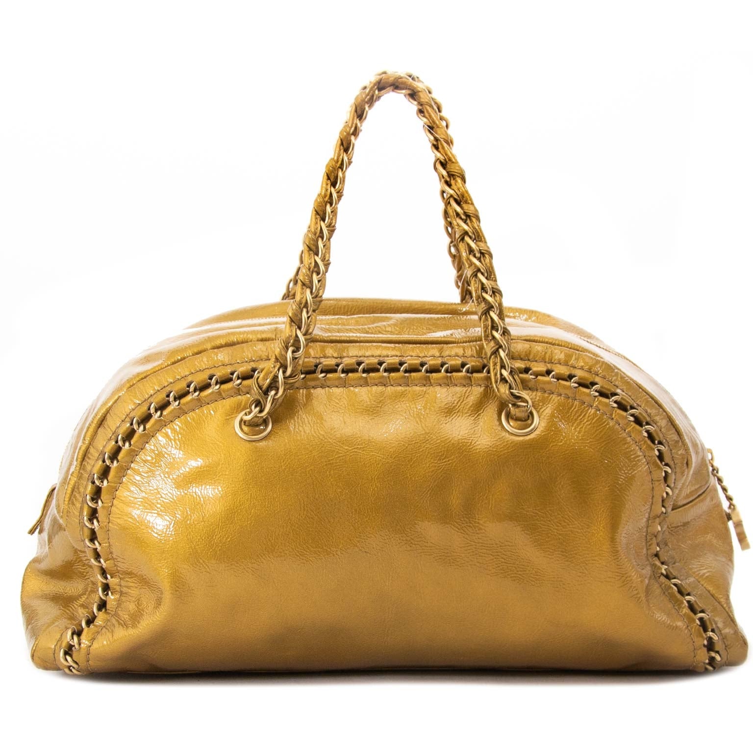 chanel gold patent leather bowling bag now for sale at labellov vintage fashion webshop belgium