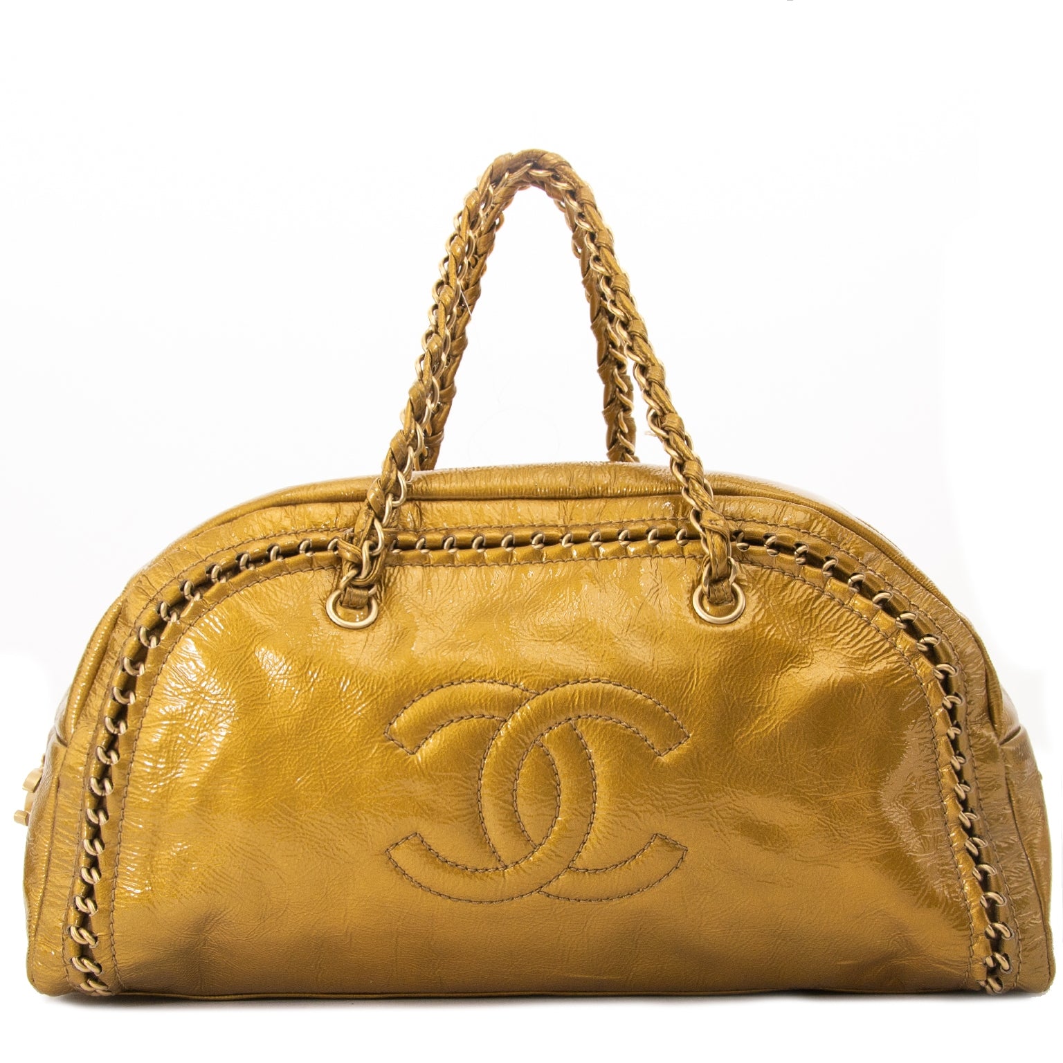 chanel gold patent leather bowling bag now for sale at labellov vintage fashion webshop belgium