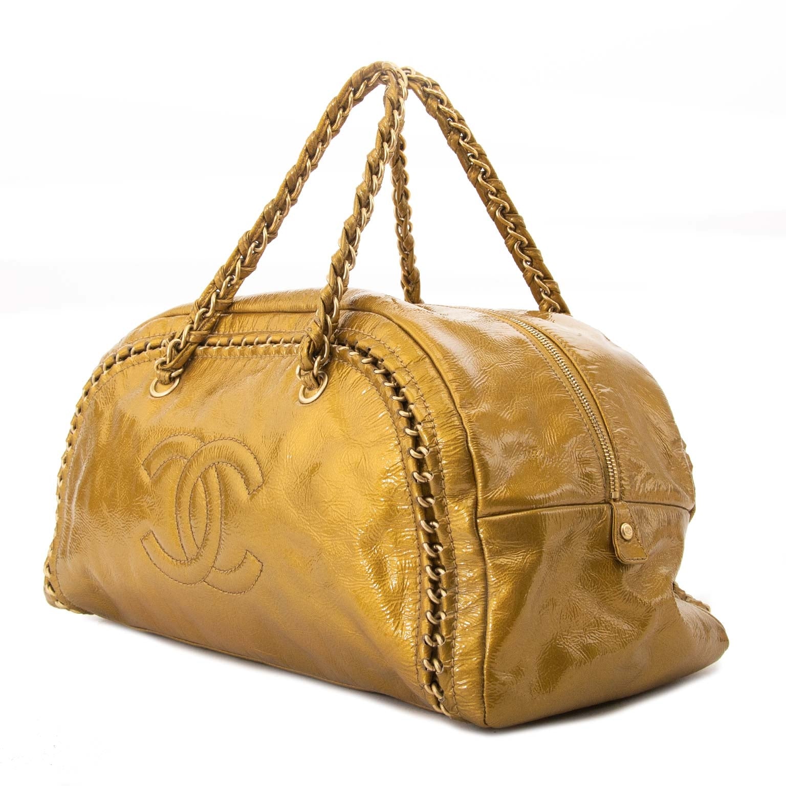 chanel gold patent leather bowling bag now for sale at labellov vintage fashion webshop belgium