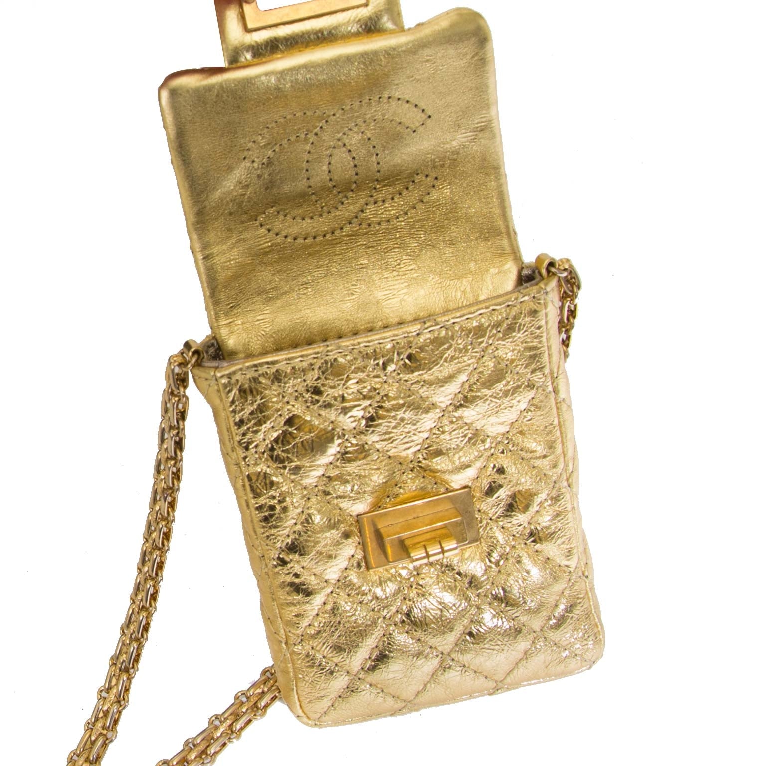 Are you looking for an authentic Chanel 2.55 Reissue Aged Calfskin Gold Phone Pouch?