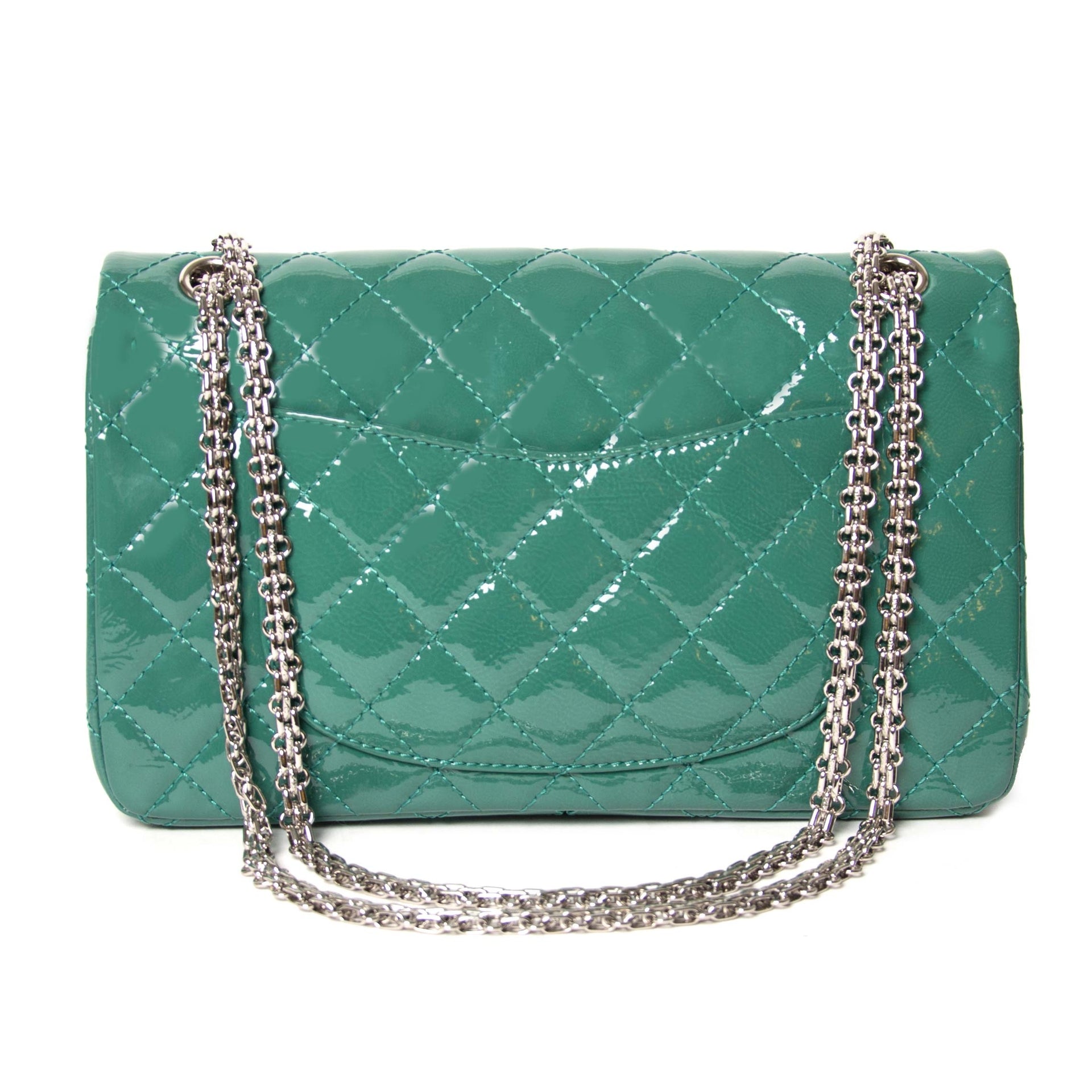 chanel green patent 2.55 reissue quilted patent leather flap bag now for sale at labellov vintage fashion webshop belgium