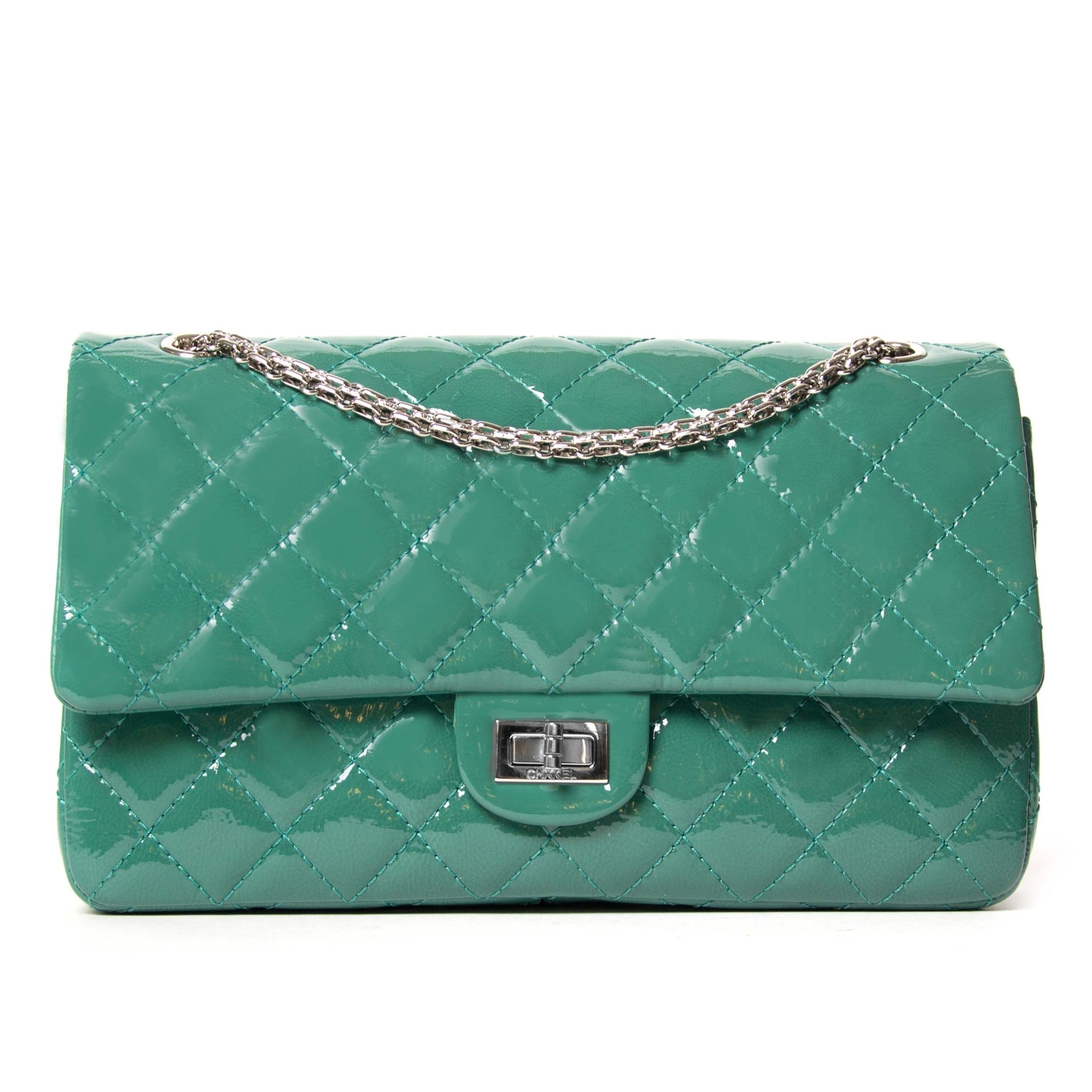 chanel green patent 2.55 reissue quilted patent leather flap bag now for sale at labellov vintage fashion webshop belgium