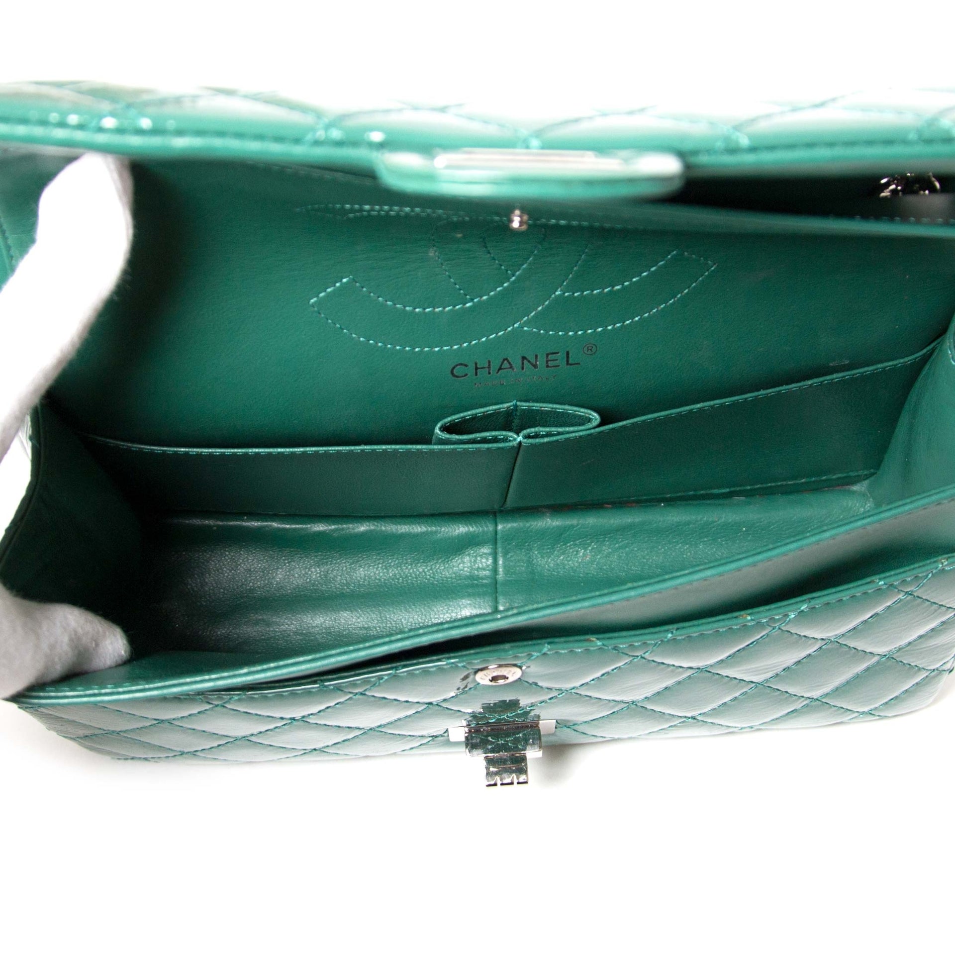chanel green patent 2.55 reissue quilted patent leather flap bag now for sale at labellov vintage fashion webshop belgium