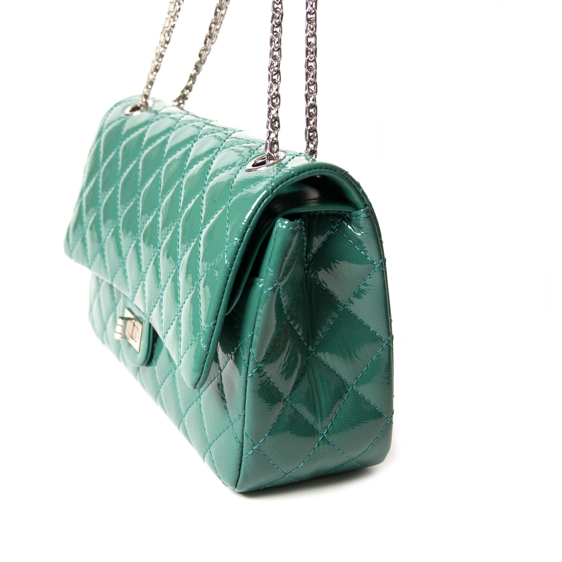 chanel green patent 2.55 reissue quilted patent leather flap bag now for sale at labellov vintage fashion webshop belgium