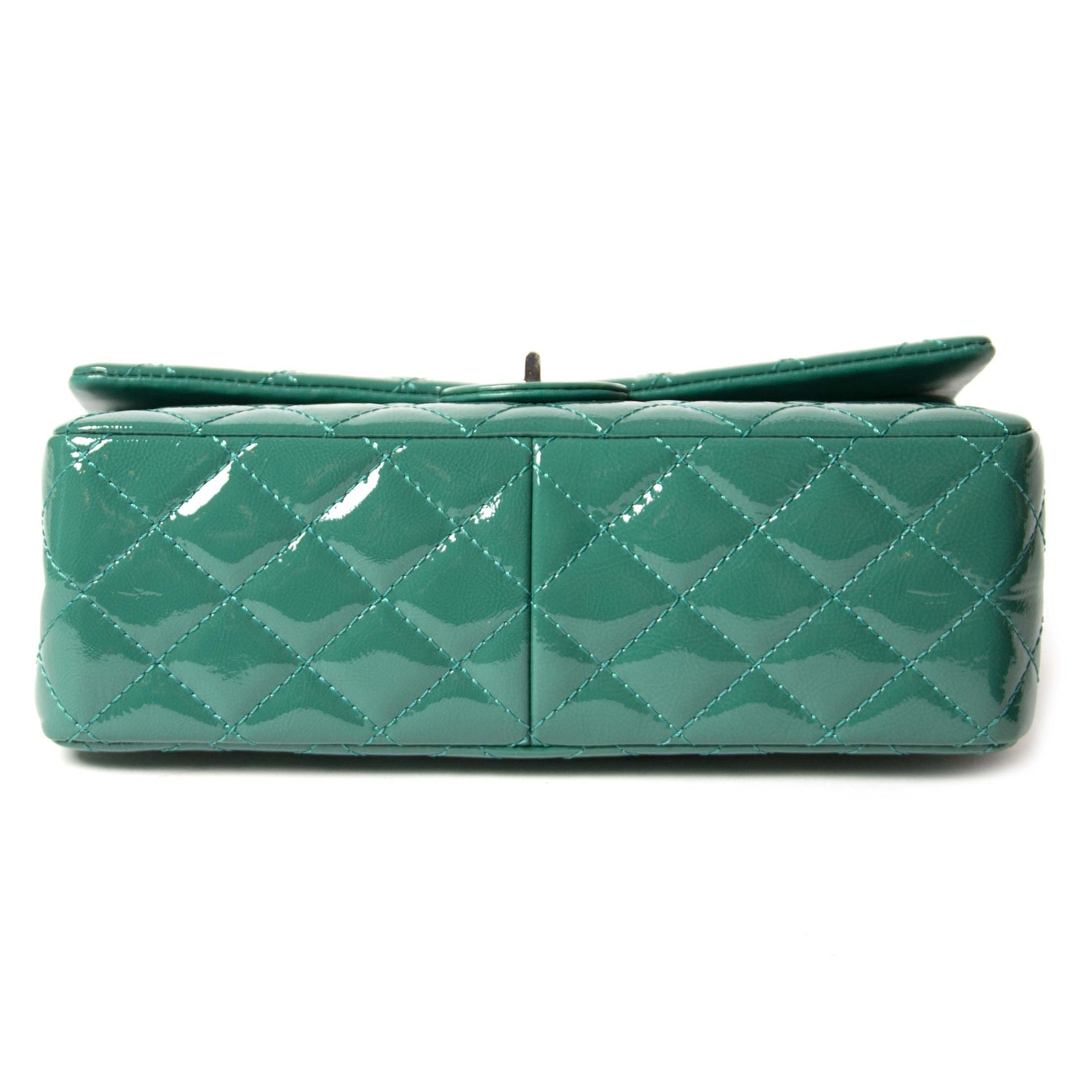 chanel green patent 2.55 reissue quilted patent leather flap bag now for sale at labellov vintage fashion webshop belgium