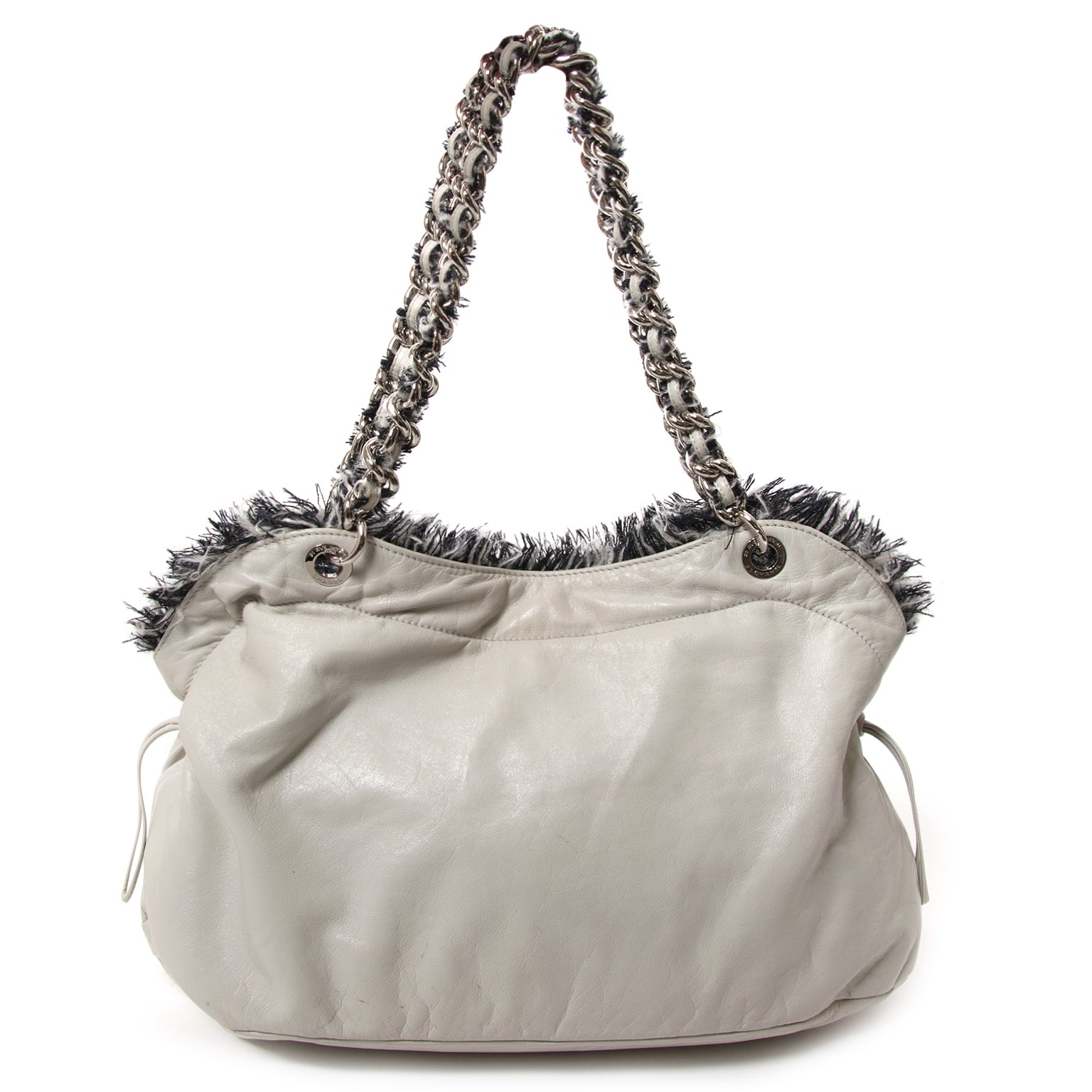 chanel tweed lambskin drawstring tweedy tote now for sale at labellov vintage fashion webshop belgium