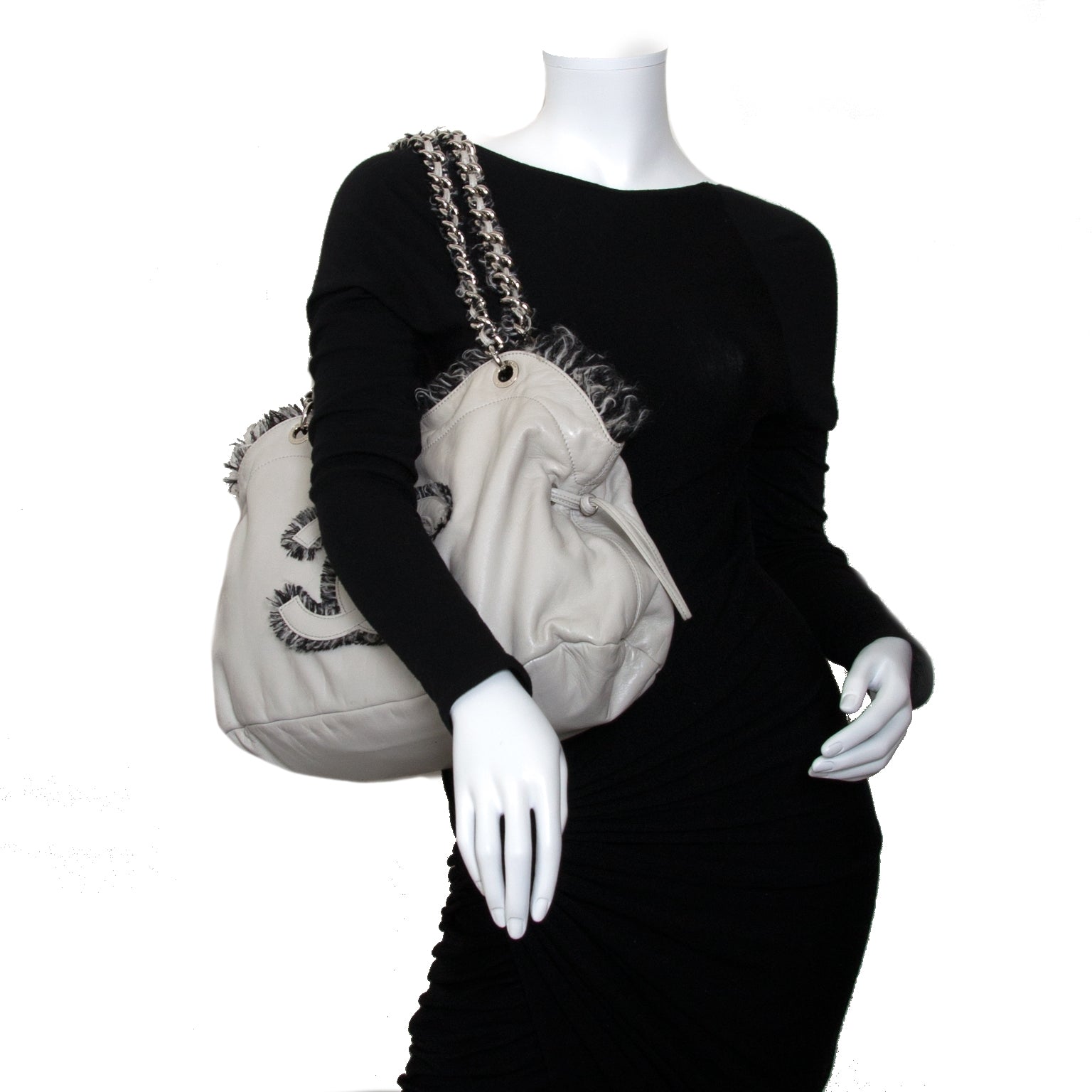 chanel tweed lambskin drawstring tweedy tote now for sale at labellov vintage fashion webshop belgium