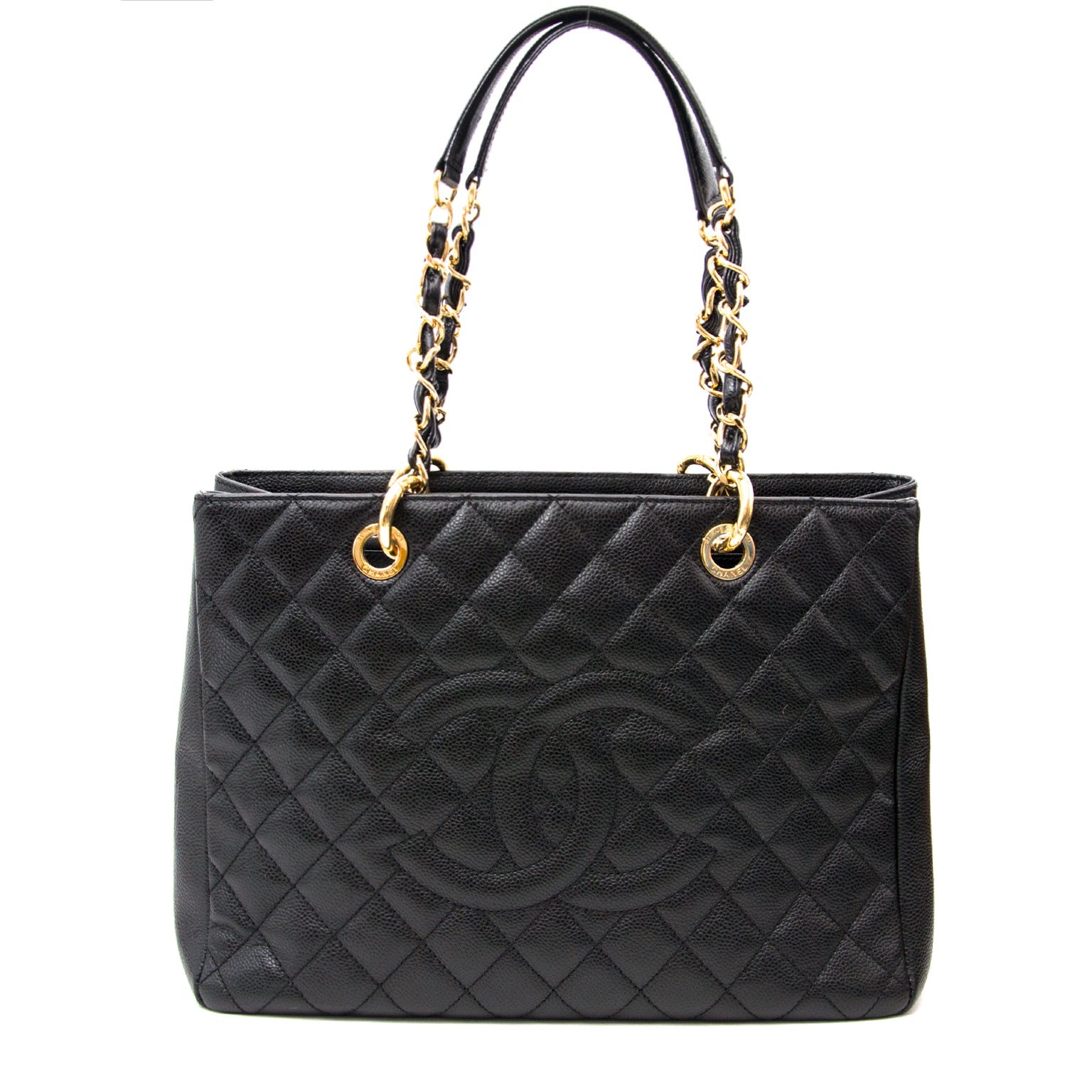 Koop uw Chanel zwarte lederen shopper met gouden hengsels aan de beste prijs bij Labellov