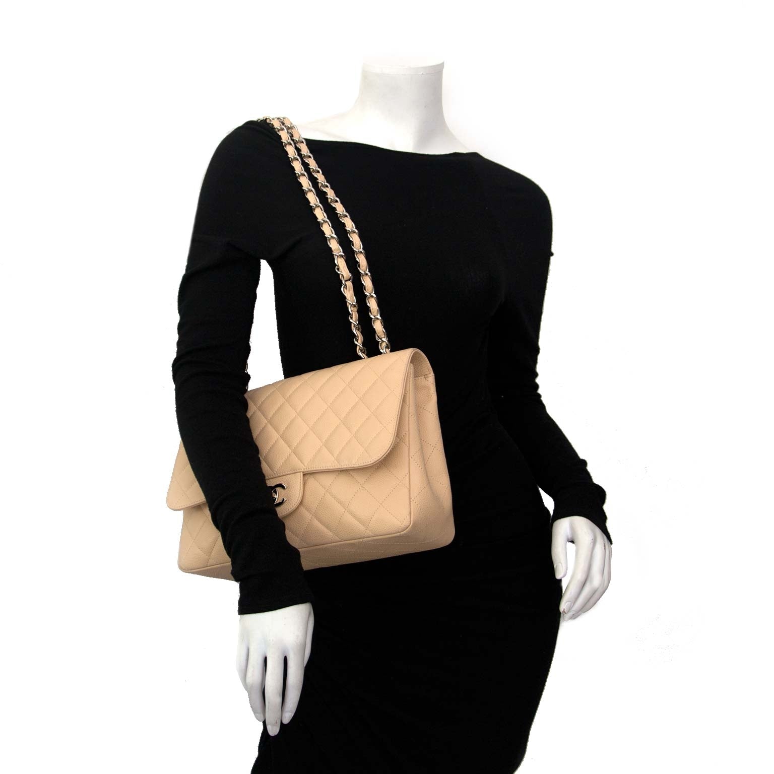 buy secondhand authentic Chanel Beige Caviar Jumbo Flap Bag for less at Labellov, vintage webshop. Safe and secure shopping.