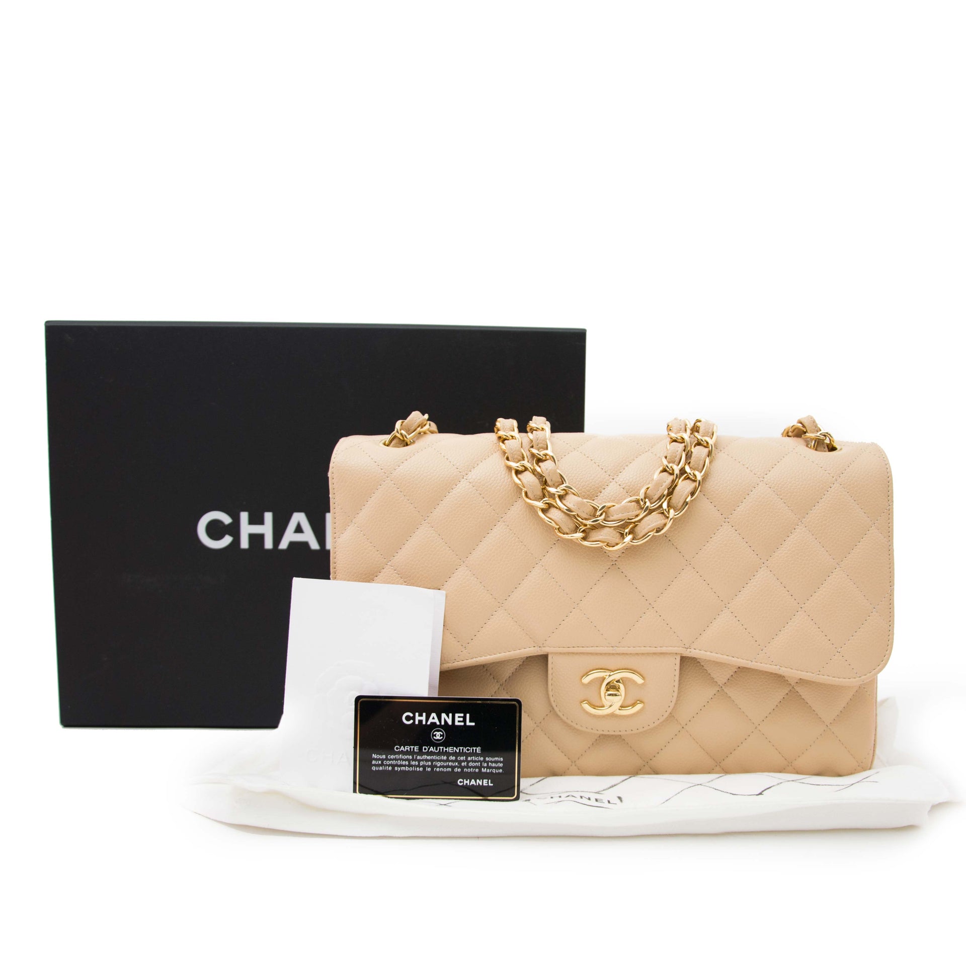 Bent u op zoek naar een authentieke Chanel Classic Flap Bag Jumbo handtas met gouden ketting?