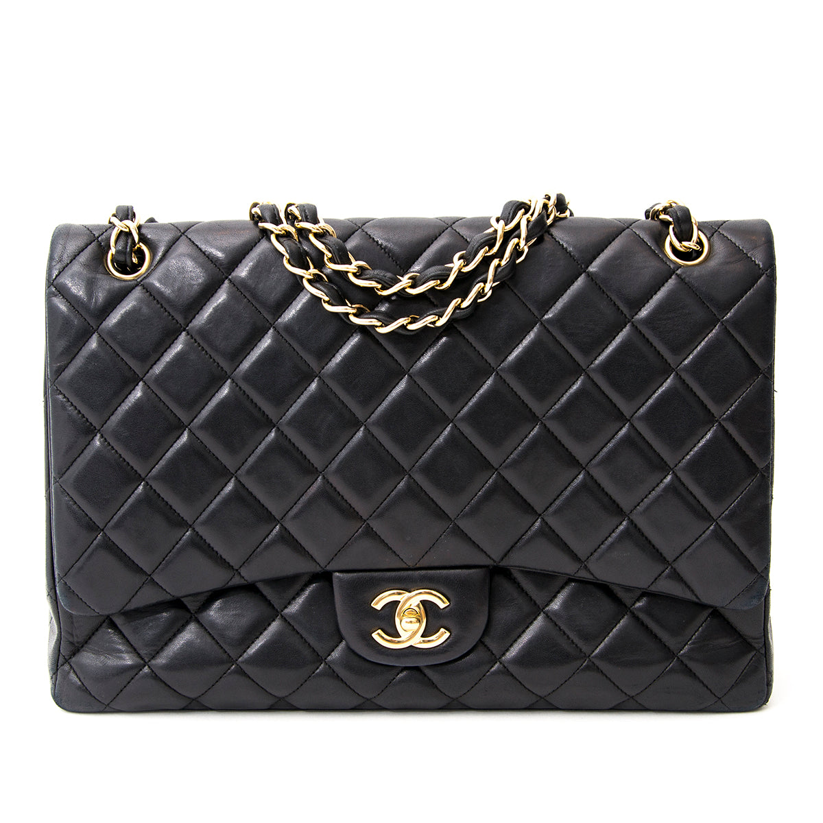koop veilig online tweedehands Chanel Black Lambskin Jumbo Single Flap Bag aan de beste prijs online webshop labellov