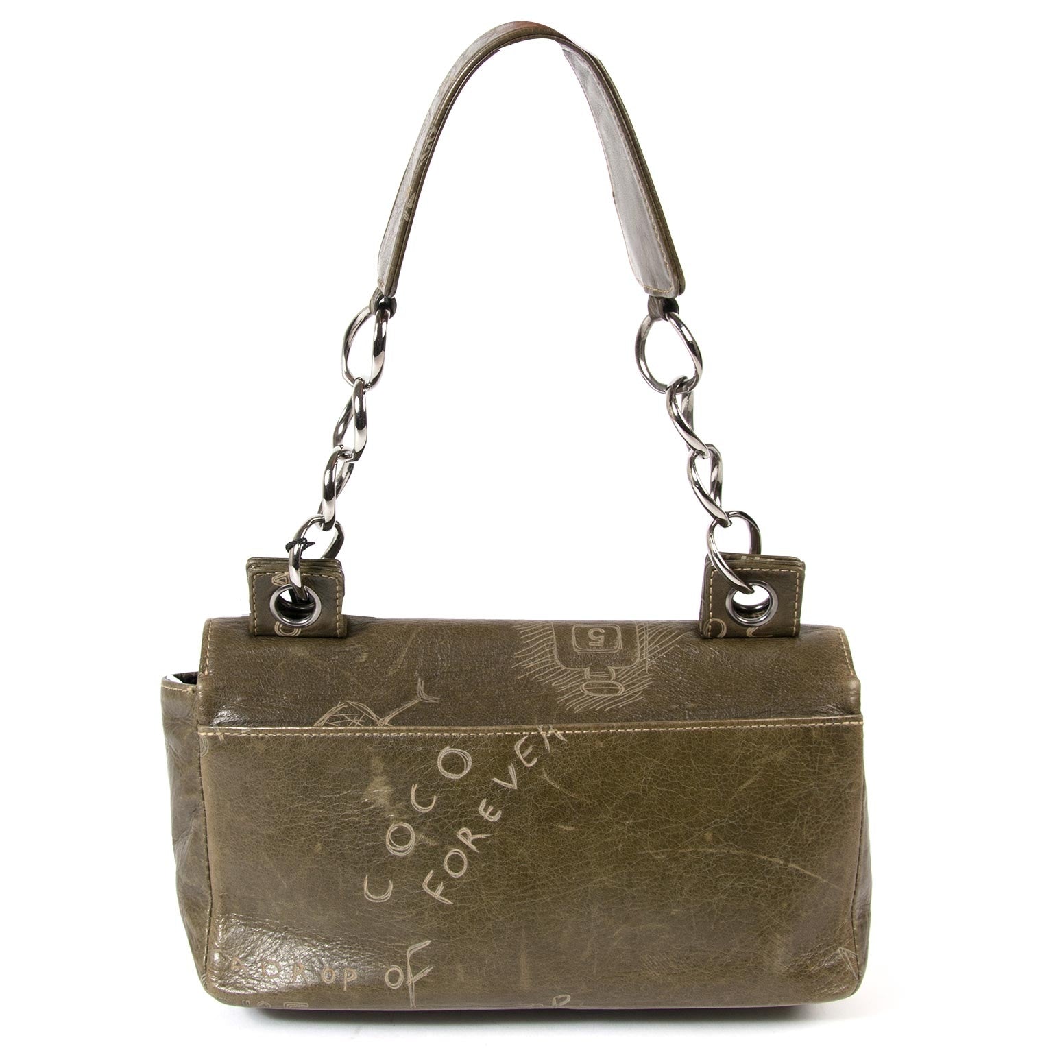 chanel green leather mademoiselle print bag now for sale at labellov vintage fashion webshop belgium