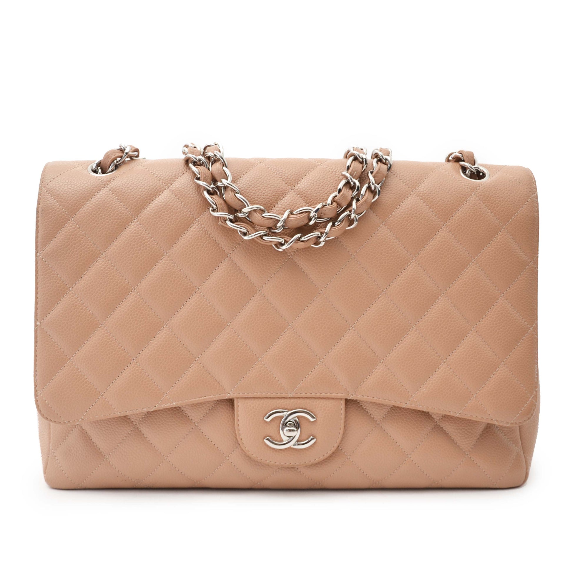 comme neuf sac a main Chanel Beige Caviar Maxi Classic Single Flapbag
