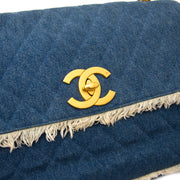 Koop Chanel 1990s Quilted Blue Denim Fringe Edge Flap Bag