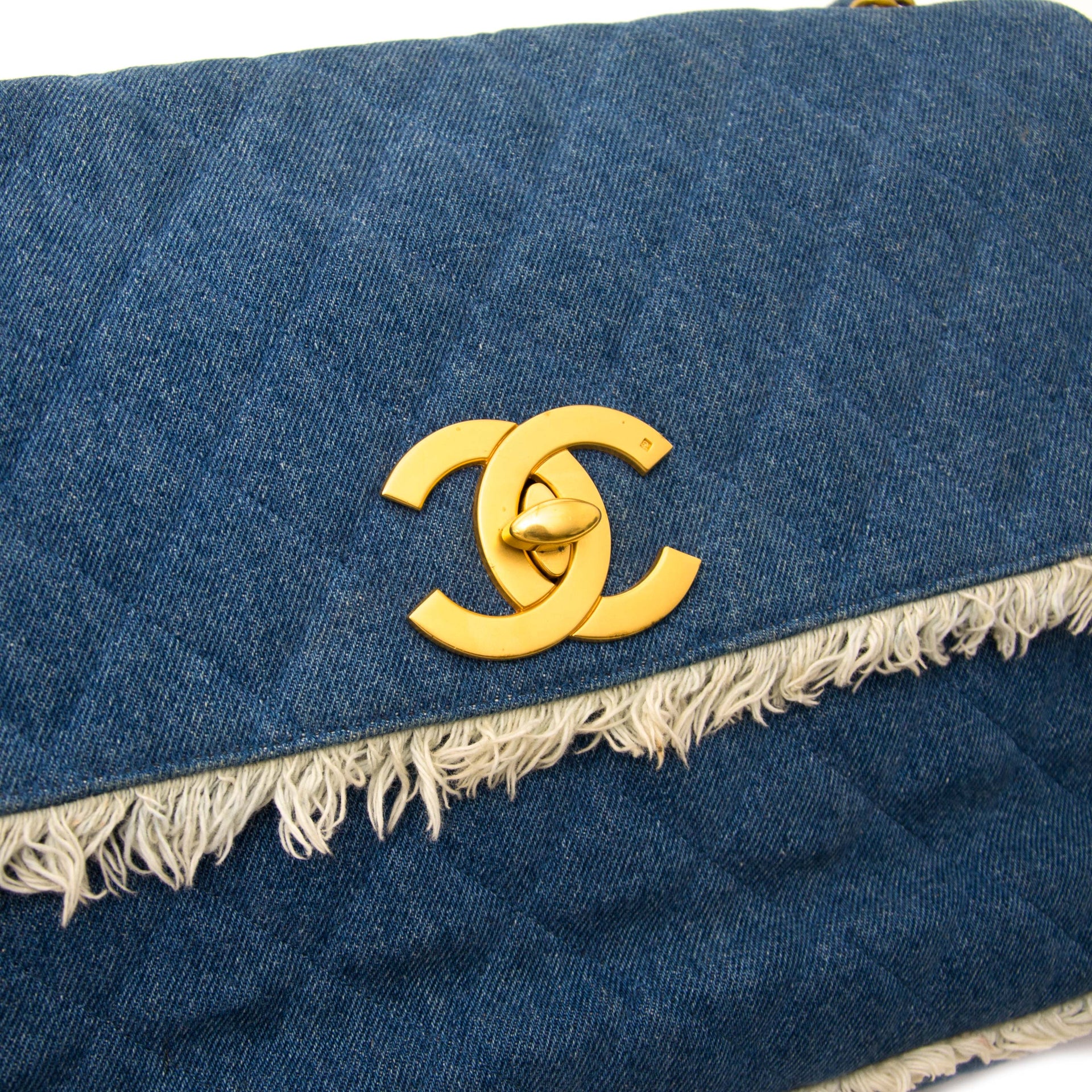 Koop Chanel 1990s Quilted Blue Denim Fringe Edge Flap Bag