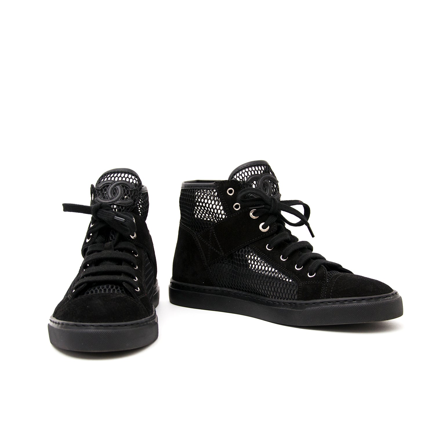 brand new sold out New Chanel Black Suede Mesh High-Top Lace-Up Sneakers online webshop labellov.com