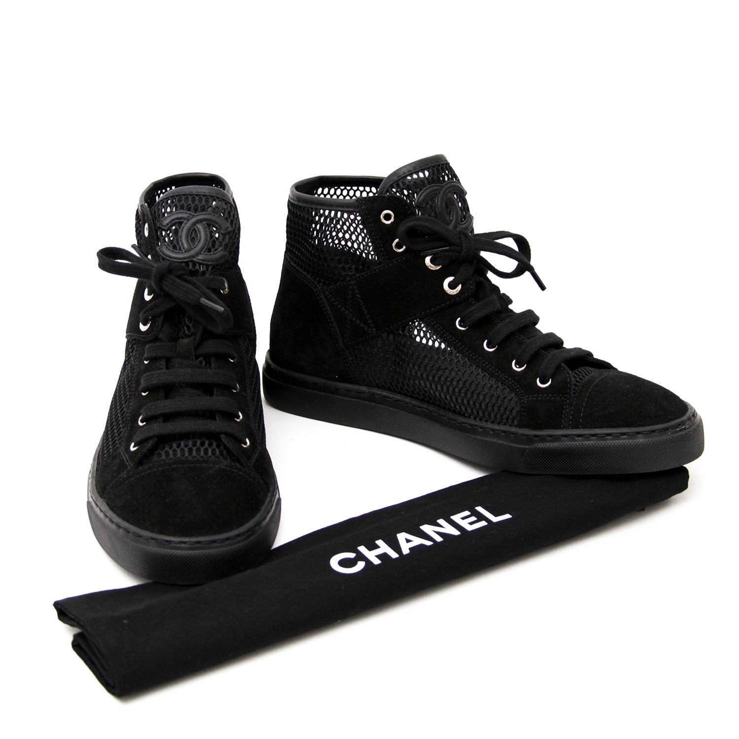 shop safe online your designer sneakers New Chanel Black Suede Mesh High-Top Lace-Up Sneakers
