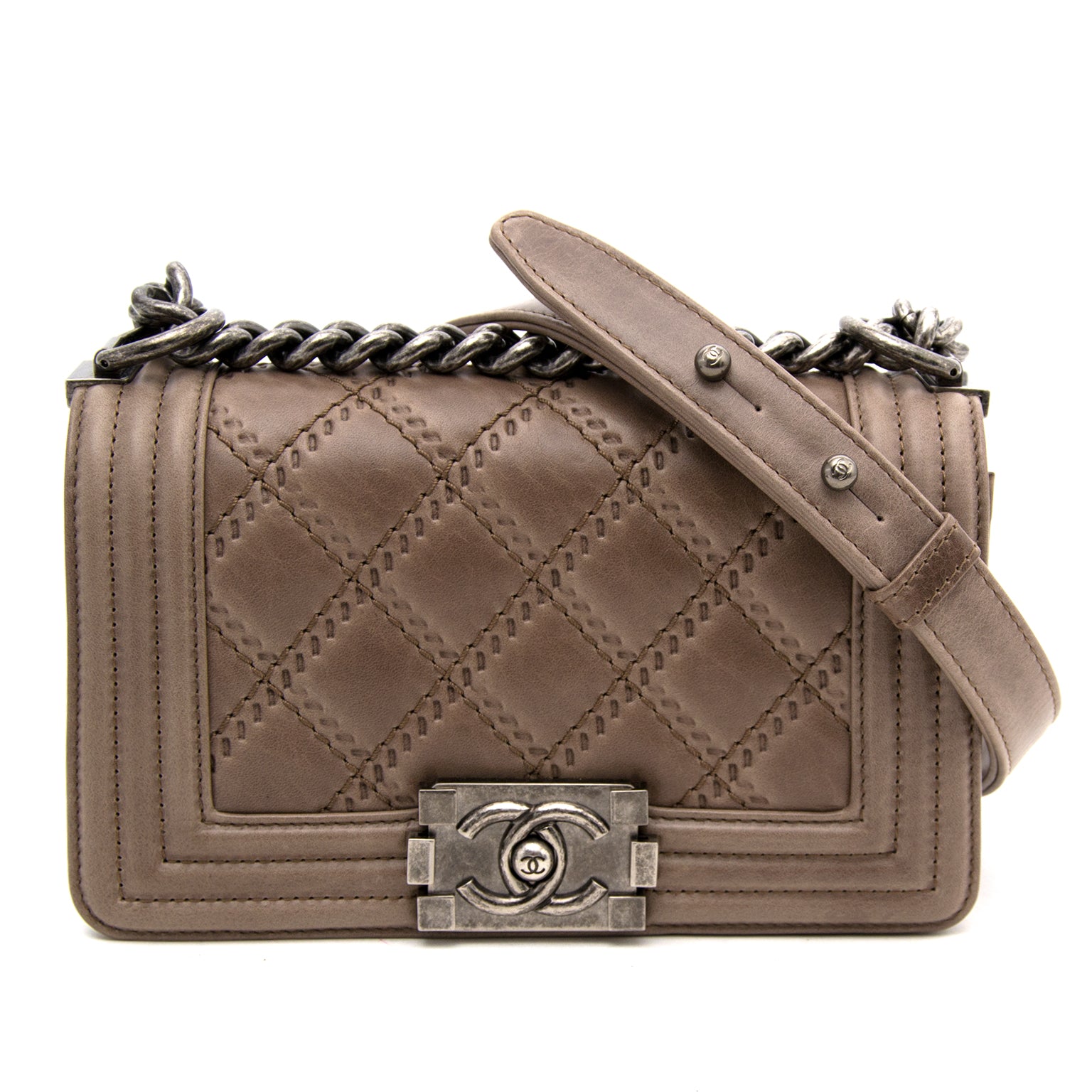 shop real real 100% authentic luxury chanel taupe small boy bag webshop labellov.com