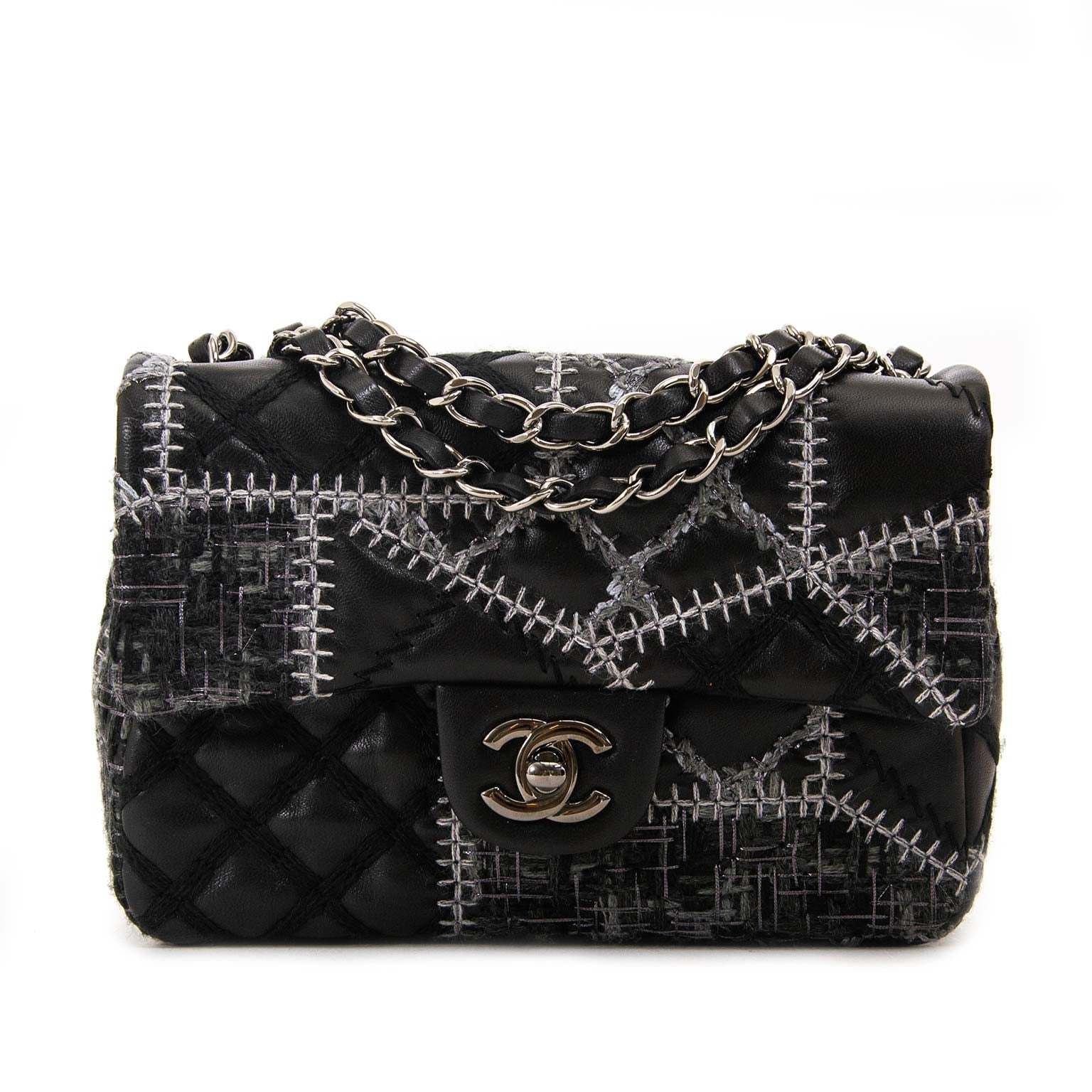 chanel quilted tweed leather patchwork stitch mini flap bag now for sale at labellov vintage fashion webshop belgium
