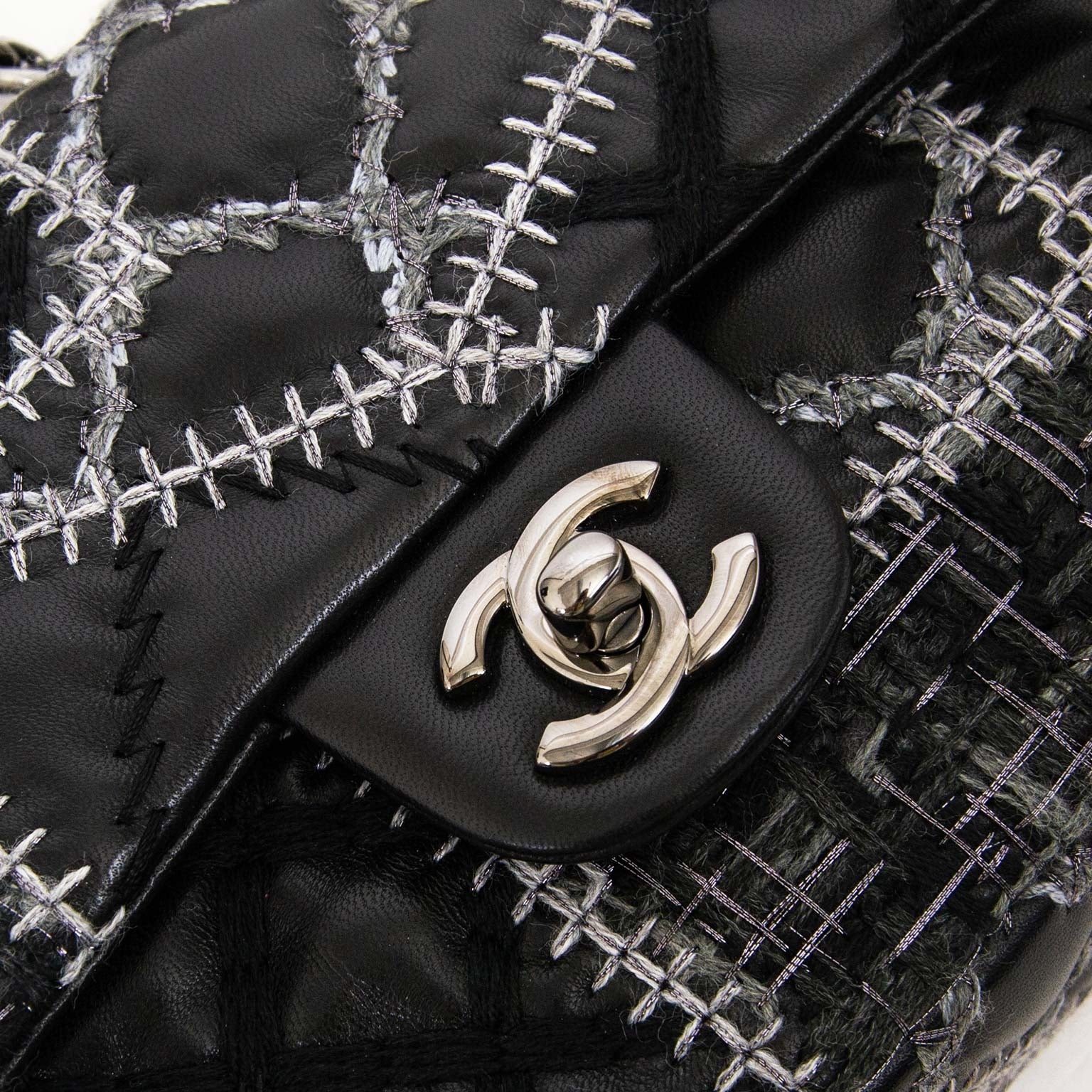 chanel quilted tweed leather patchwork stitch mini flap bag now for sale at labellov vintage fashion webshop belgium