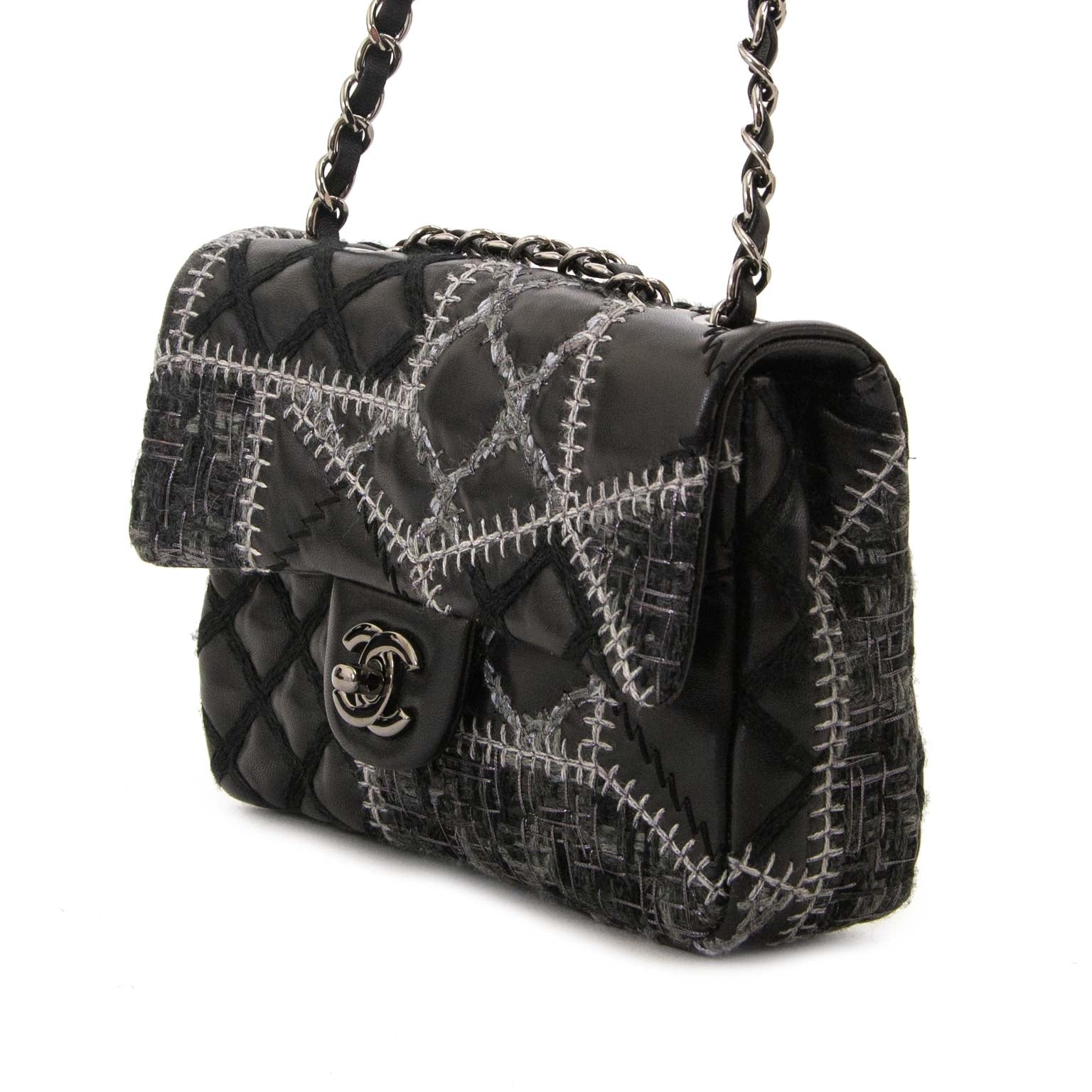 chanel quilted tweed leather patchwork stitch mini flap bag now for sale at labellov vintage fashion webshop belgium