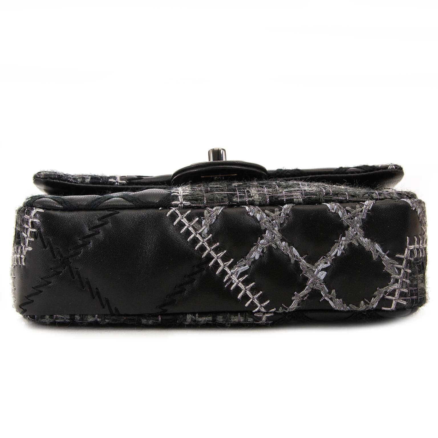 chanel quilted tweed leather patchwork stitch mini flap bag now for sale at labellov vintage fashion webshop belgium