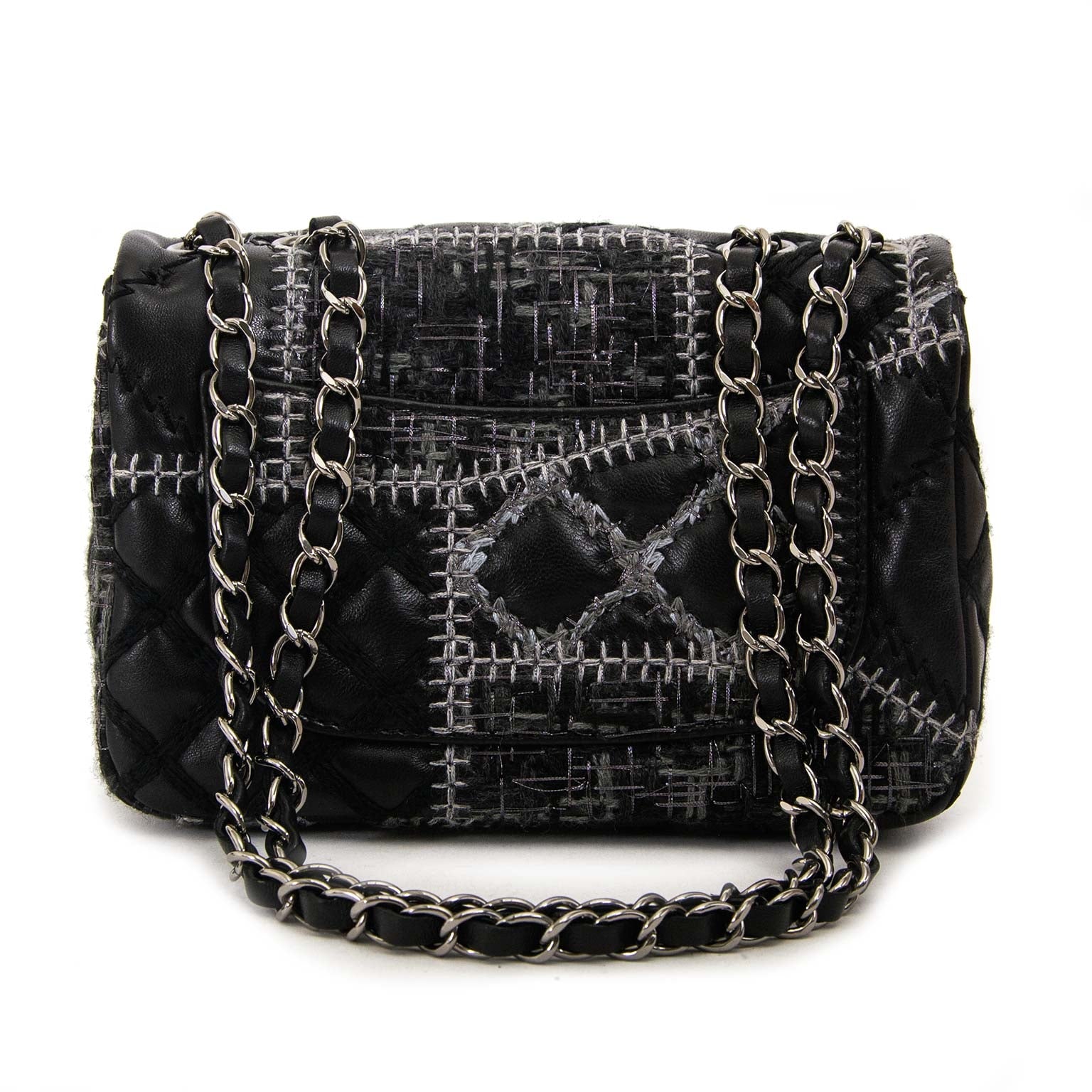 chanel quilted tweed leather patchwork stitch mini flap bag now for sale at labellov vintage fashion webshop belgium