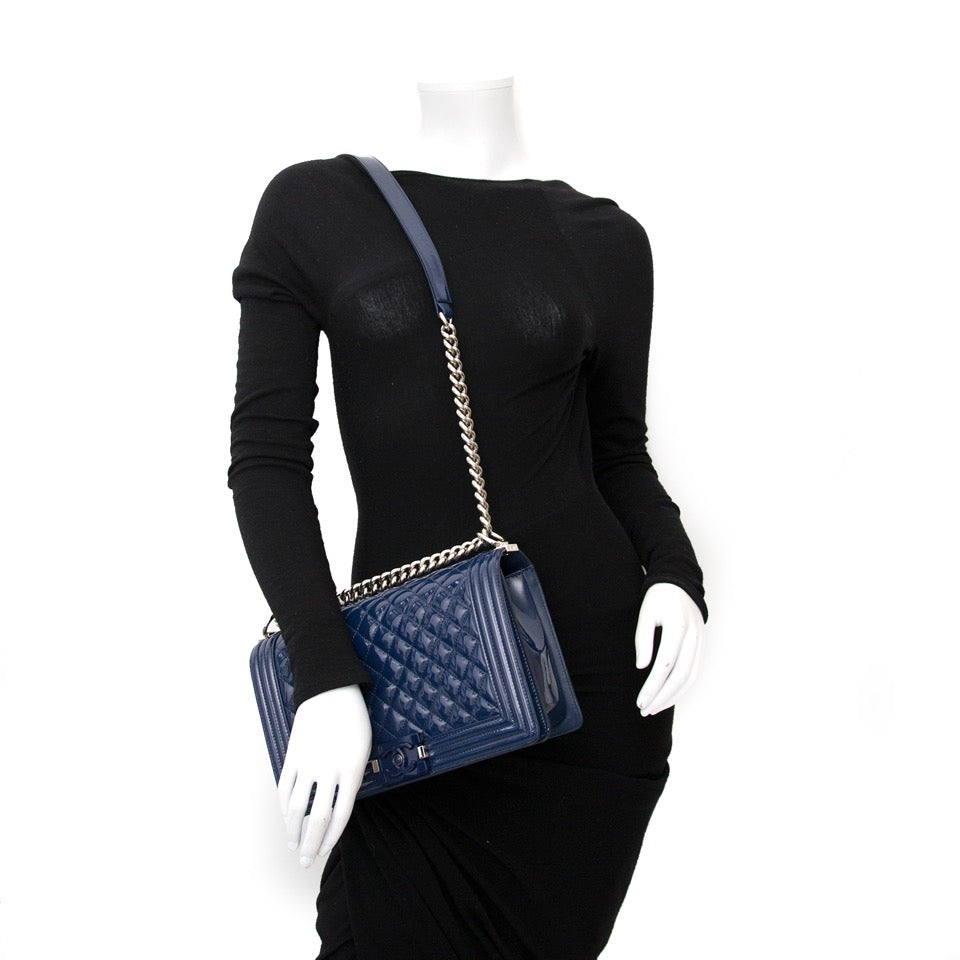 Real Chanel blue patent leather boy bag now available on www.labelcrush.com at the best price