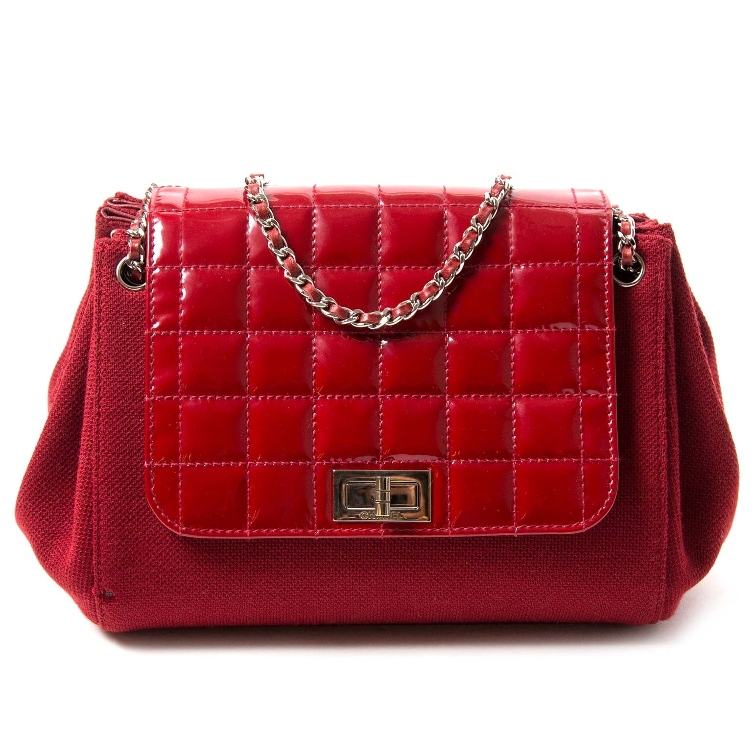 chanel patent quilted and fabric accordion shoulder bag now for sale at labellov vintage fashion webshop belgium