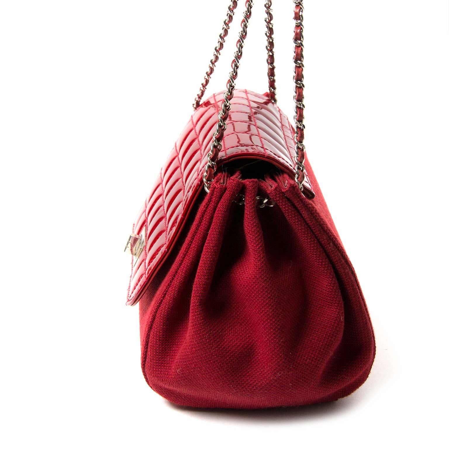 chanel patent quilted and fabric accordion shoulder bag now for sale at labellov vintage fashion webshop belgium