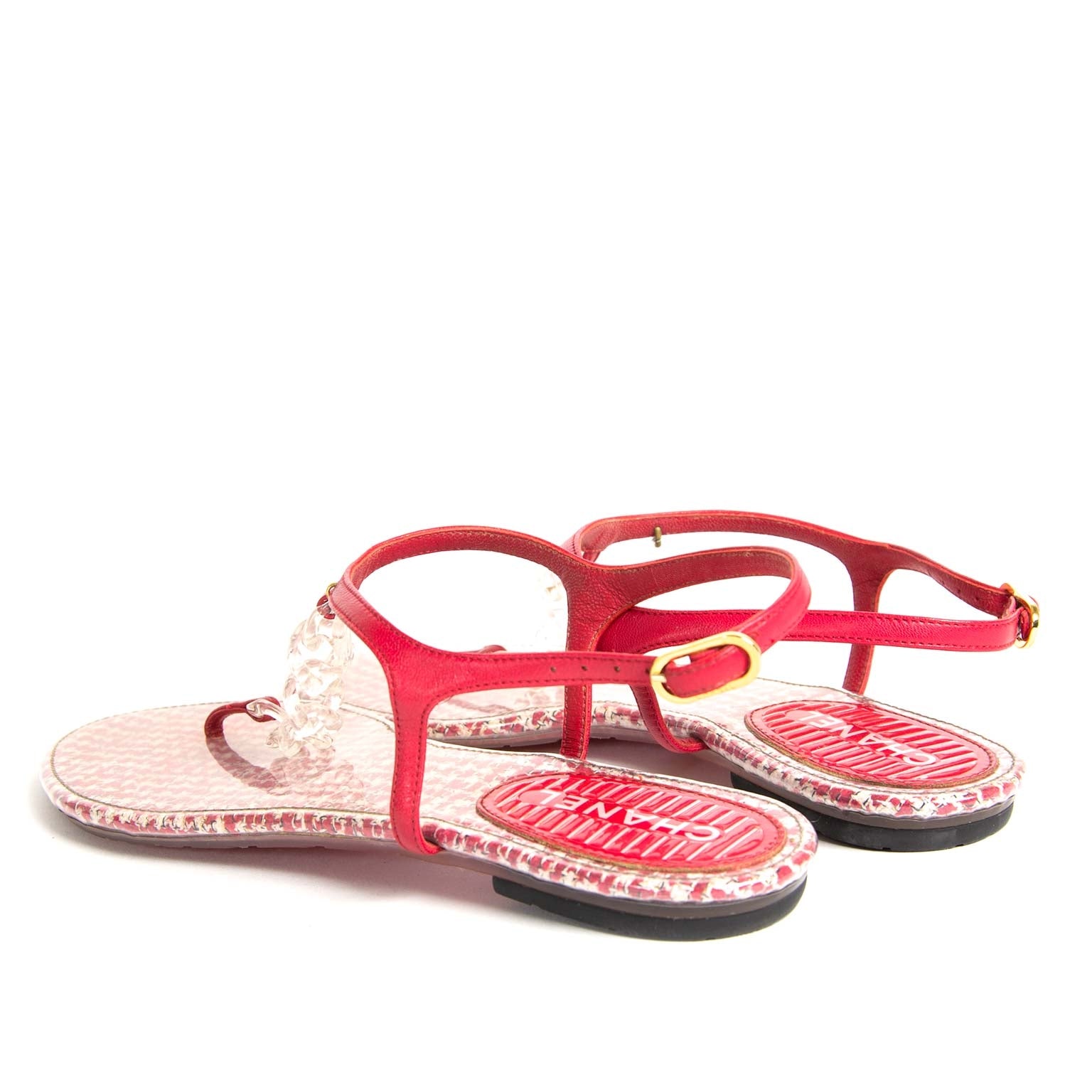 chanel pvc red tweed cc thong sandals now for sale at labellov vintage fashion webshop belgium