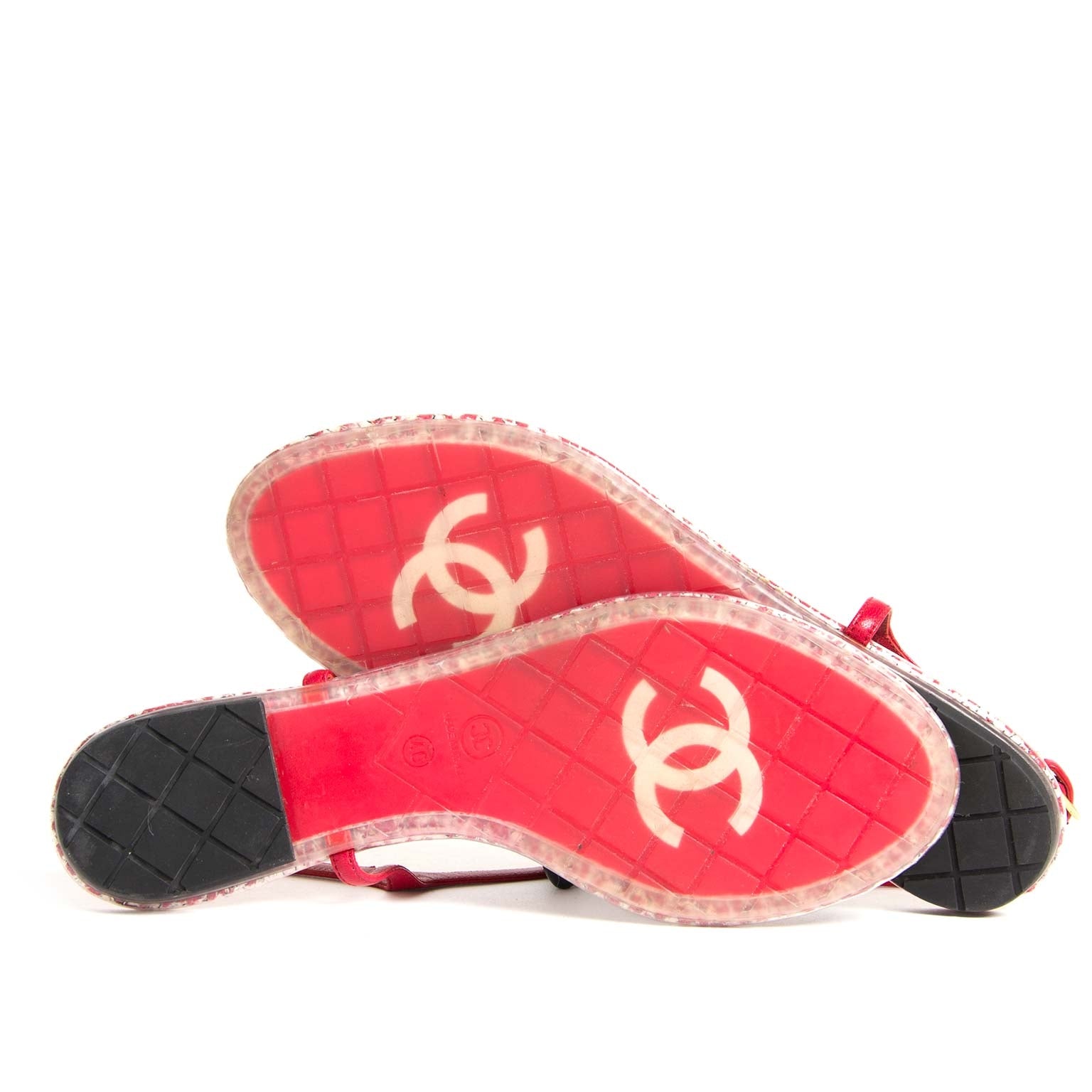 chanel pvc rode tweed cc thong sandalen nu te koop bij labellov vintage mode webshop belgië