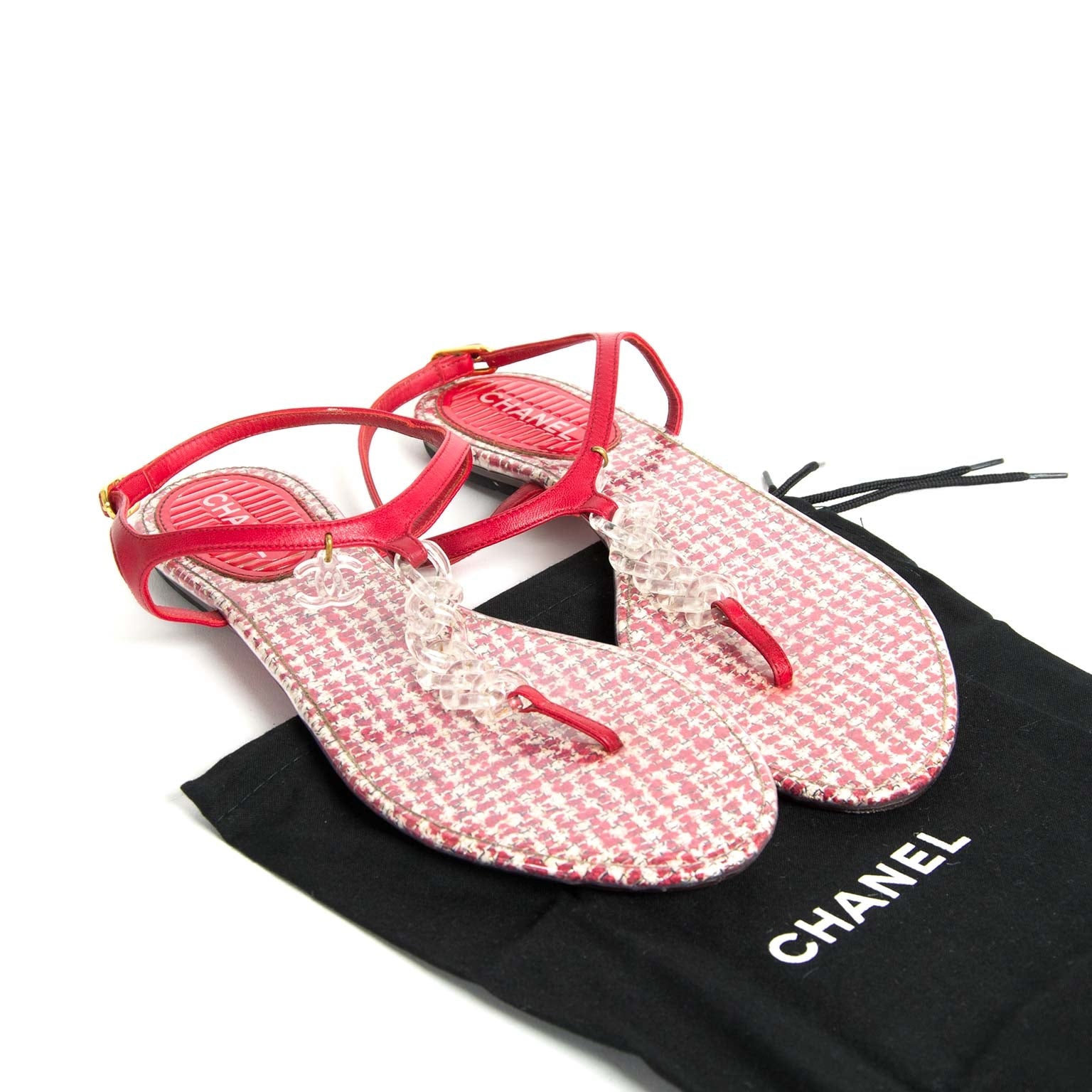chanel pvc red tweed cc thong sandals now for sale at labellov vintage fashion webshop belgium
