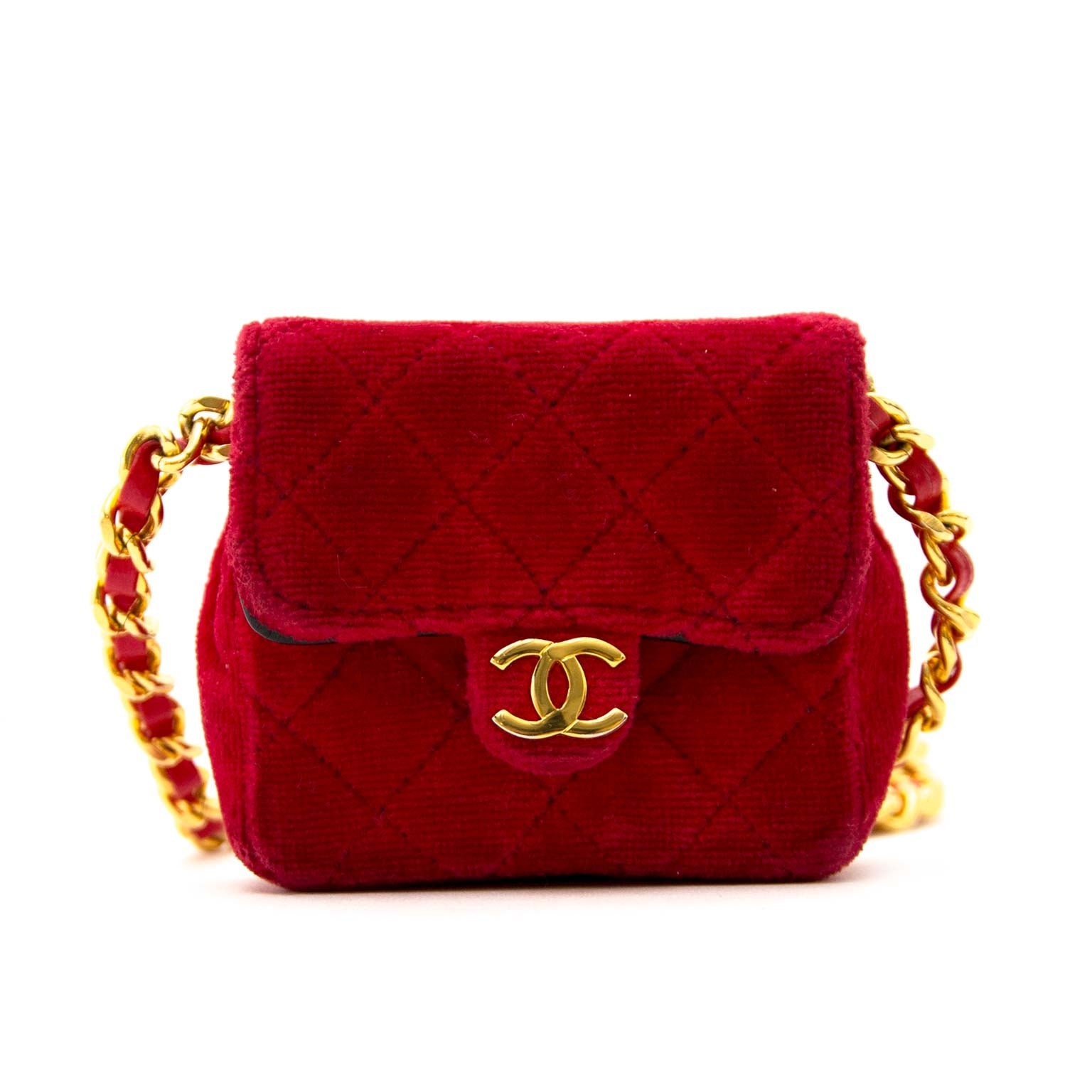 Rare vintage chanel micro mini red velvet flap bag now for sale at labellov vintage fashion webshop belgium
