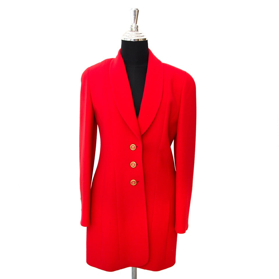 Chanel Red Longline Wool Blazer for sale online at Labellov in Antwerp