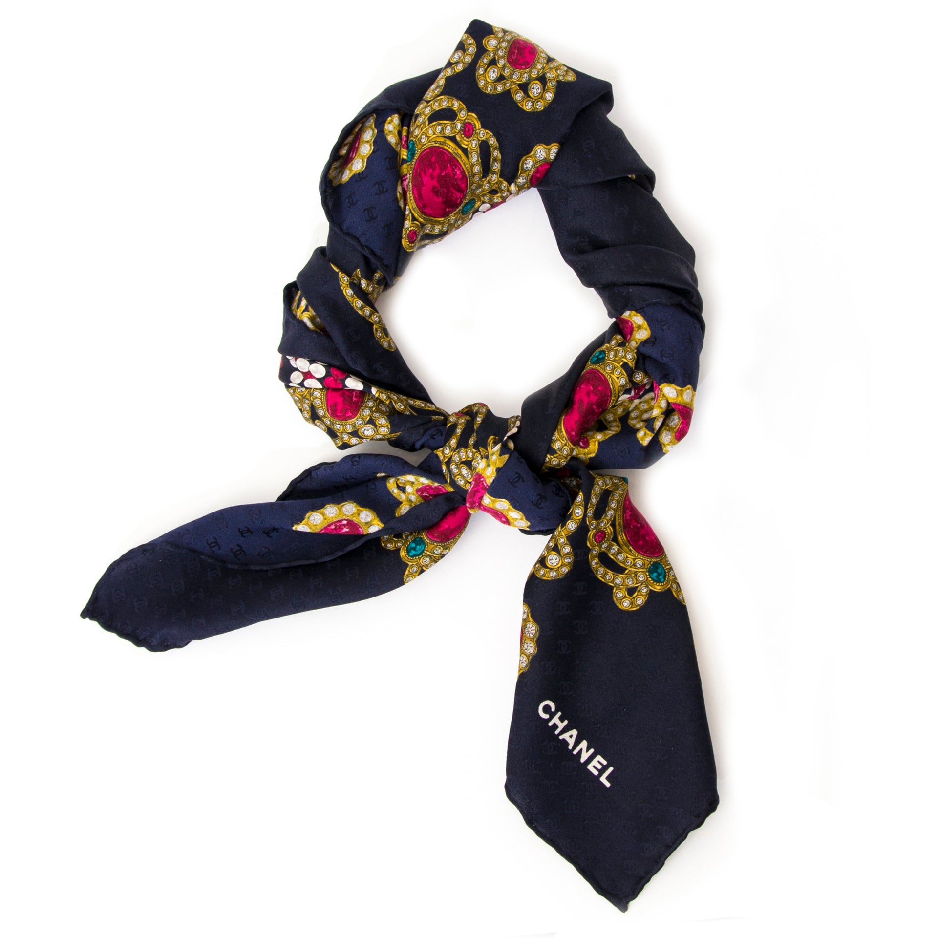 koop veilg onlien aan de beste prijs Chanel Carré Black and Red Silk Scarf net als nieuw, boetiek antwerpen