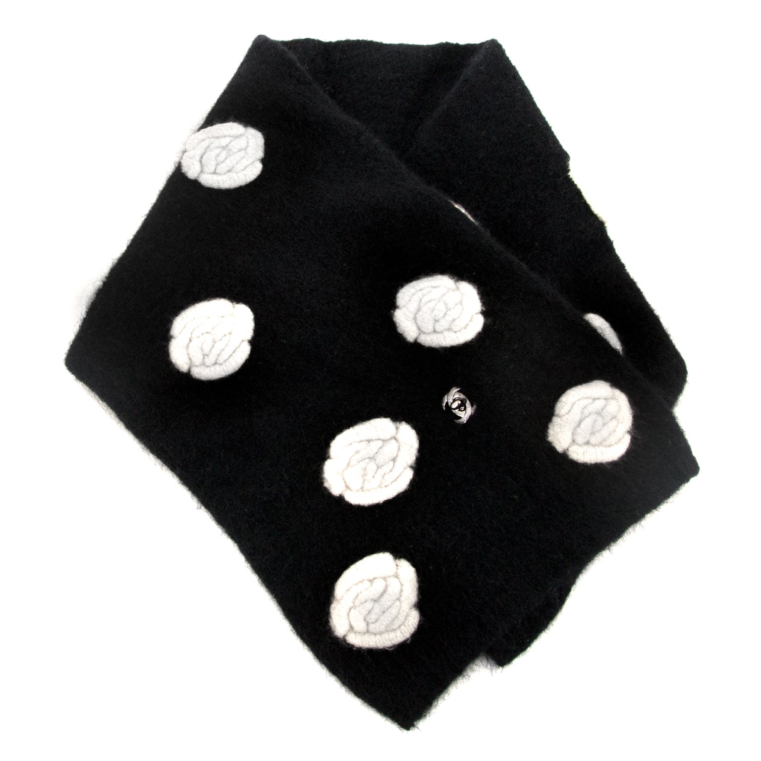 chanel black and white flower scarf now for sale at labellov vintage fashion webshop belgium