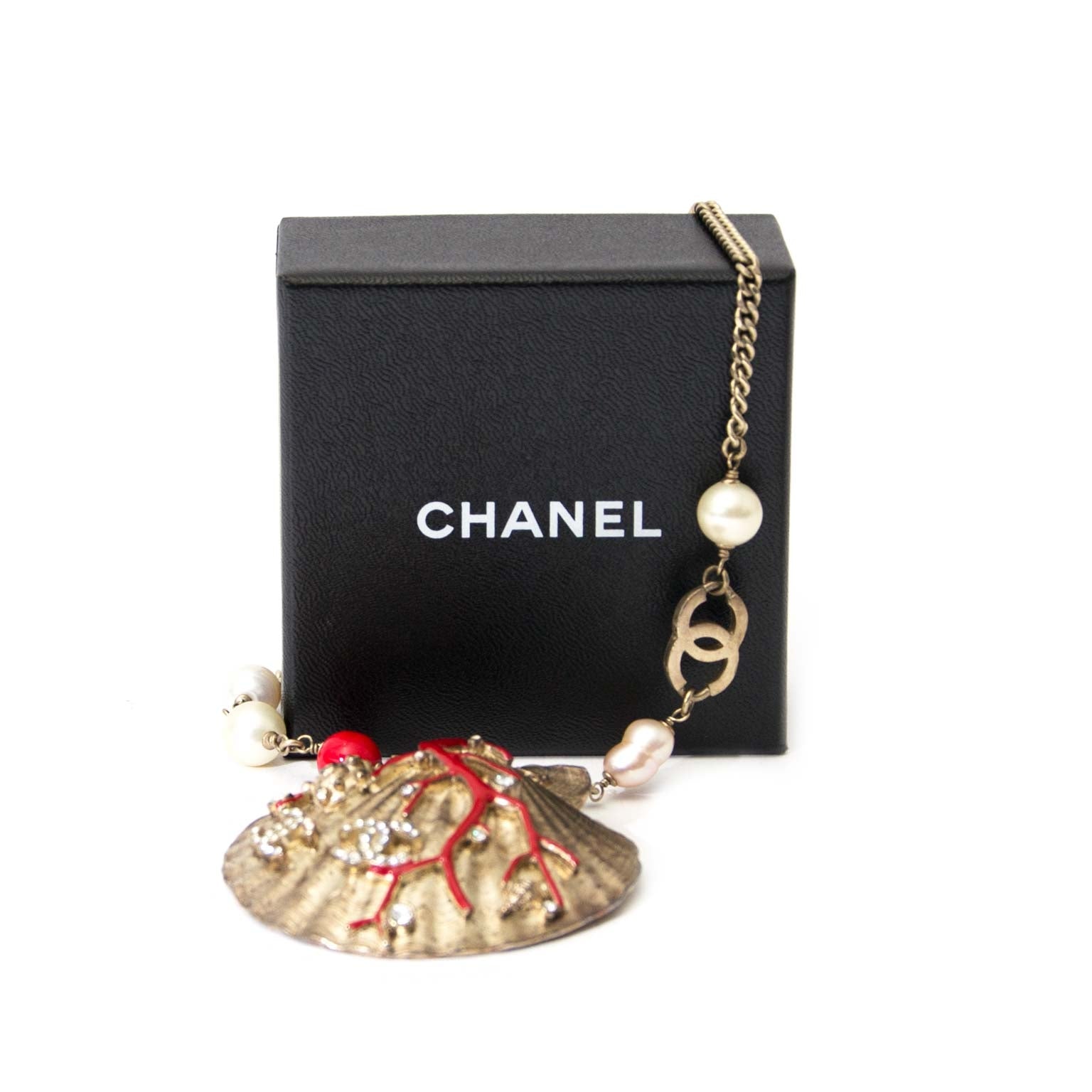 Chanel Coral Gold Pearl Shell Necklace authenitc