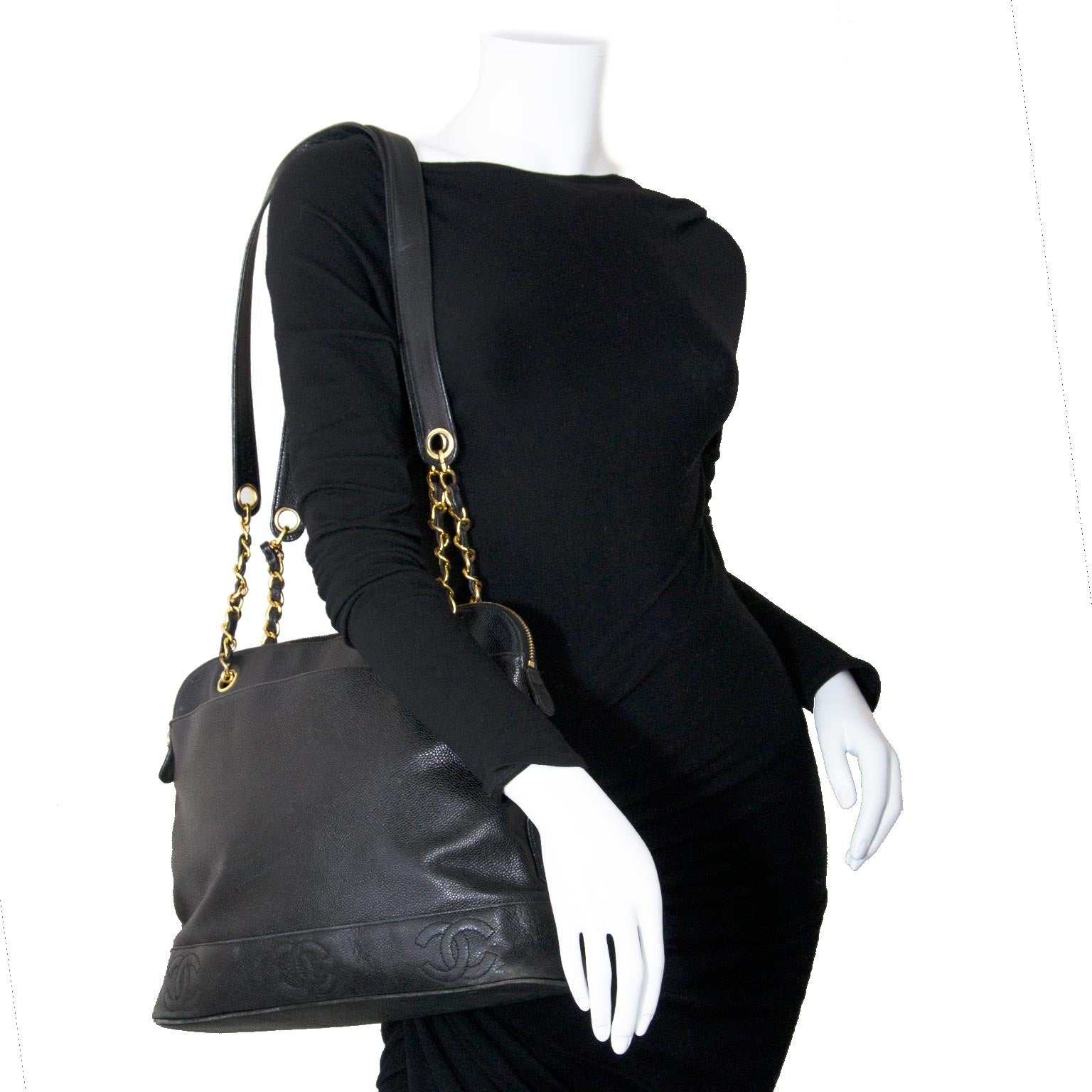 chanel vintage black caviar leather shopper now for sale at labellov vintage fashion webshop belgium