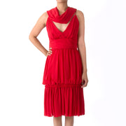 Chanel Ruffled Red Crepe Silk Cocktail Dress + Scarf