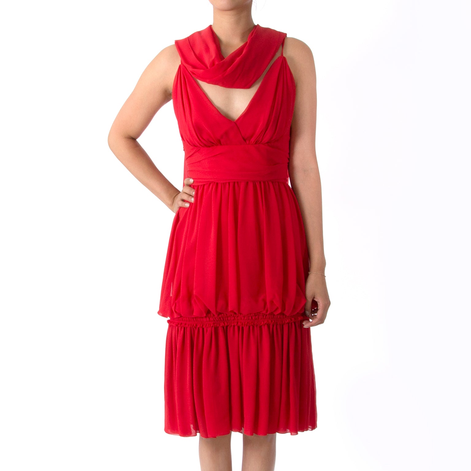 Chanel Ruffled Red Crepe Silk Cocktail Dress + Scarf