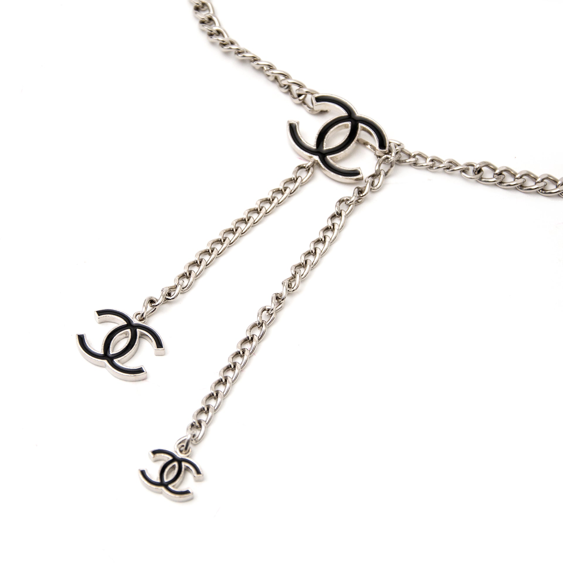 Chanel Chain Silver Black Logo Belt for sale, very good condition and reasonable price, to buy in Antwerp or online www.labellov.com, luxury items!