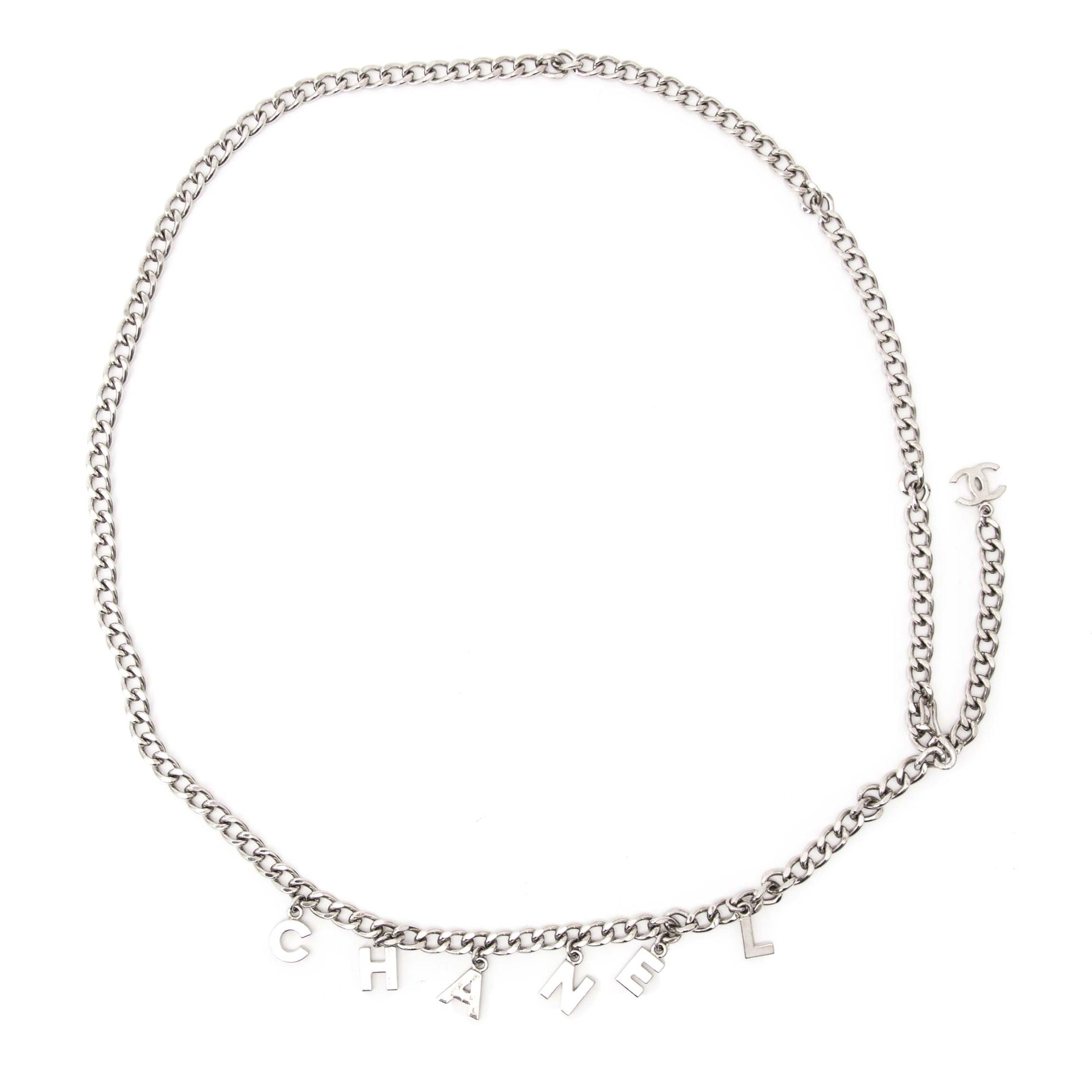 Chanel Silver Chain Letter Belt for sale in Belgium, www.labellov.com, webshop which sells 100% authentic products.