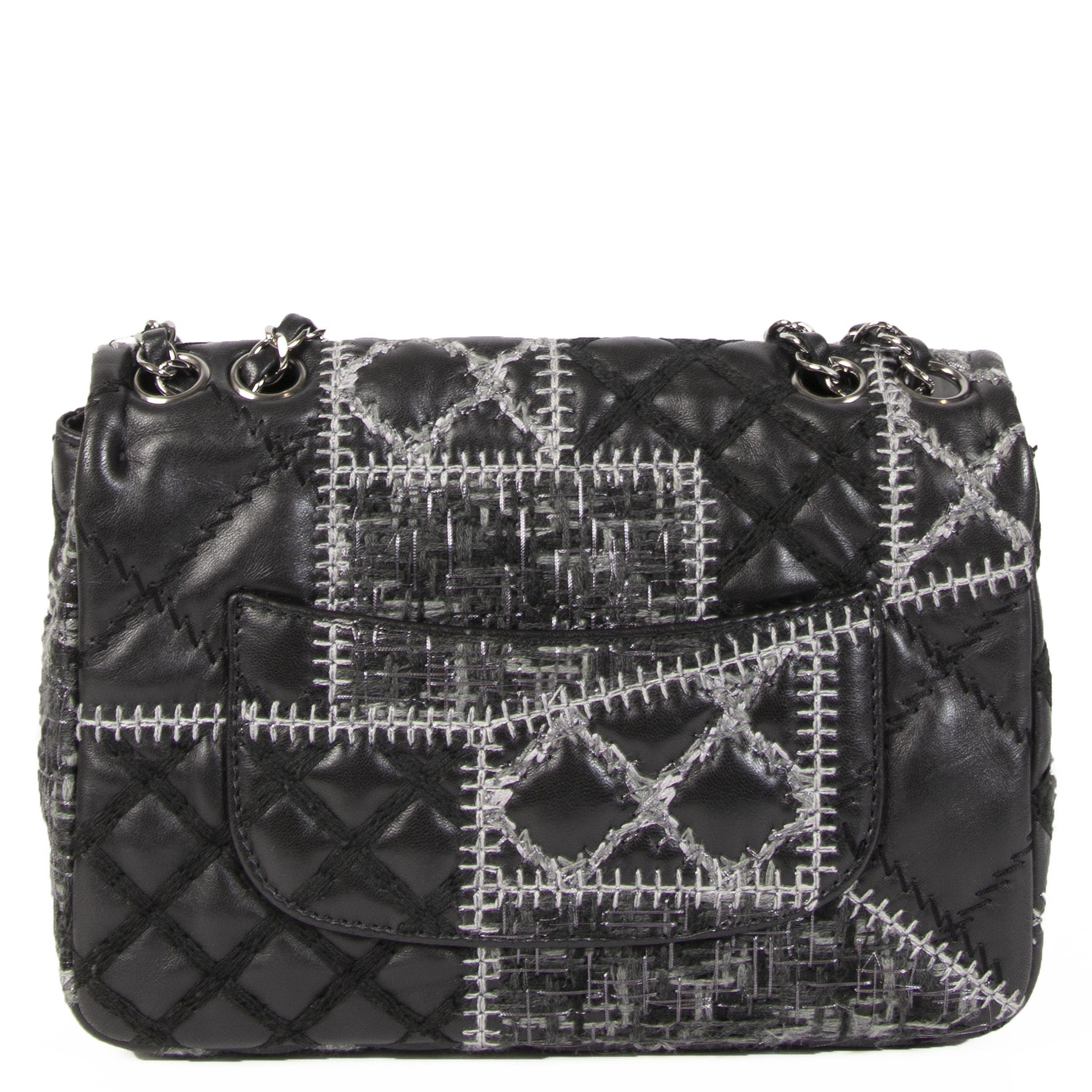 We buy and sell your authentic Chanel Small Black Quilted Tweed/Leather Patchwork Stitch Flap Bag