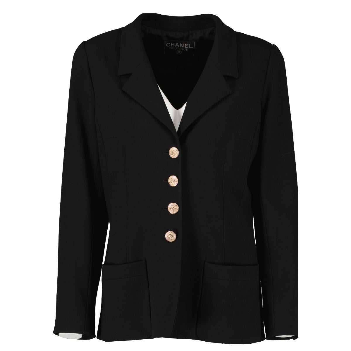 Chanel Boutique Vintage Black Gold CC Button Wool Blazer