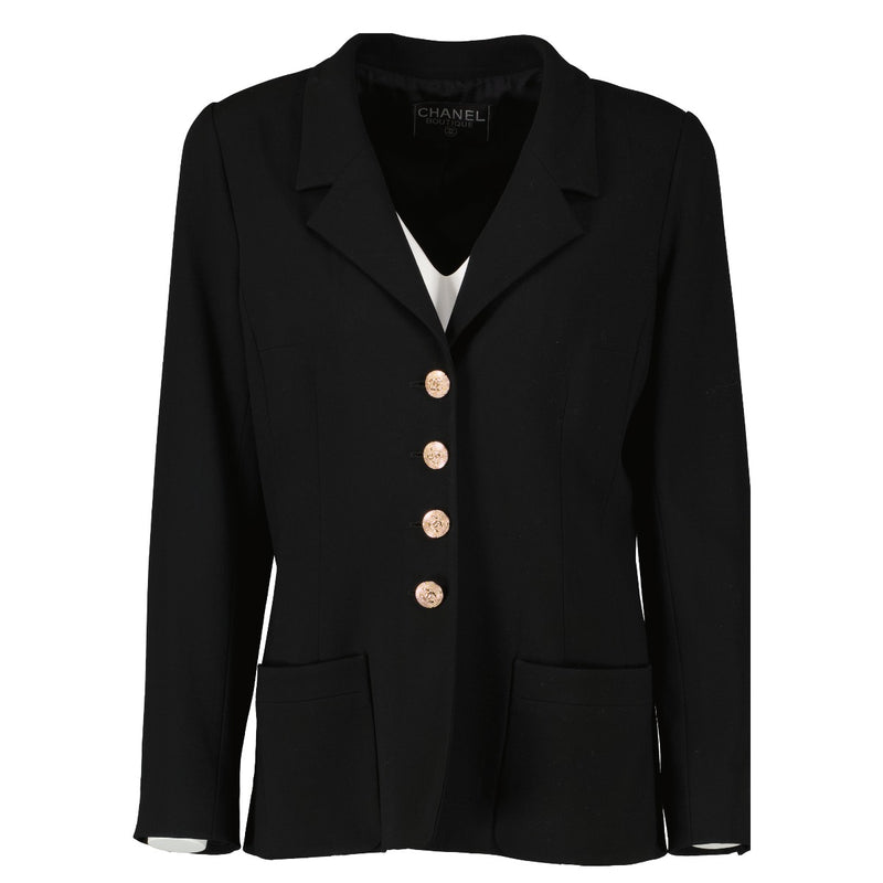 Chanel Boutique Vintage Black Gold CC Button Wool Blazer