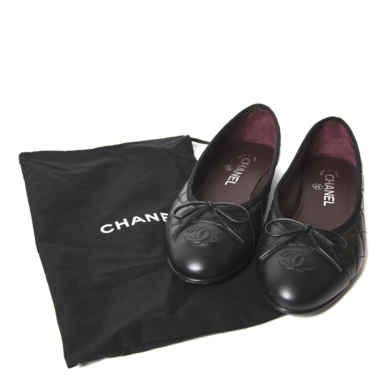 chanel black quilted leather cambon ballerinas now for sale at labellov vintage fashion webshop belgium